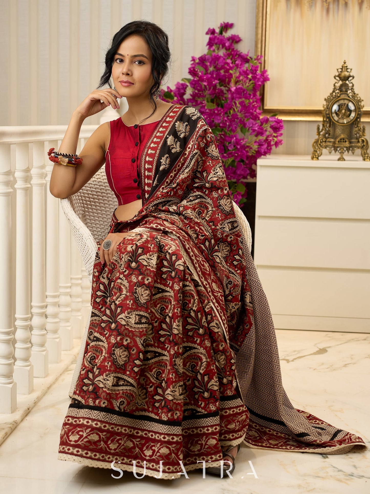 Maroon magic in bold paisley hand block prints on cotton saree
