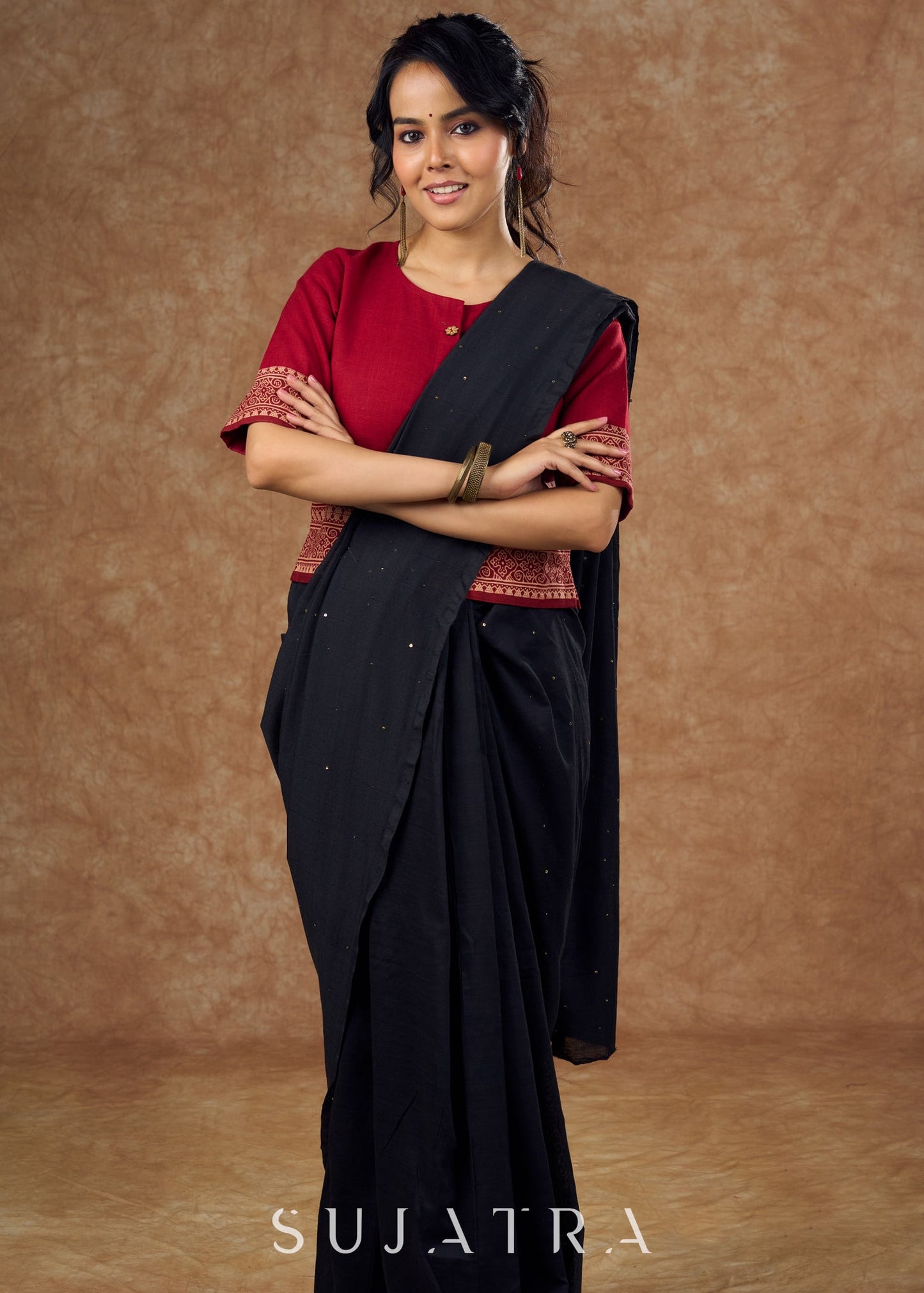 maroon cotton and traditional Ajrakh print in this top style blouse - Optional Saree