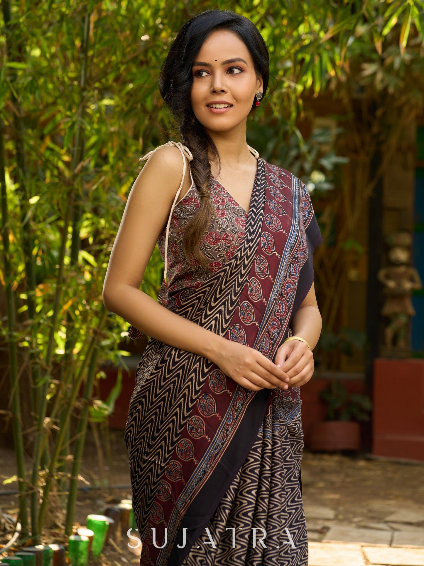 Black Hand Block Printed Ajrakh Modal Saree with Zigzag Pattern and Ornate Border
