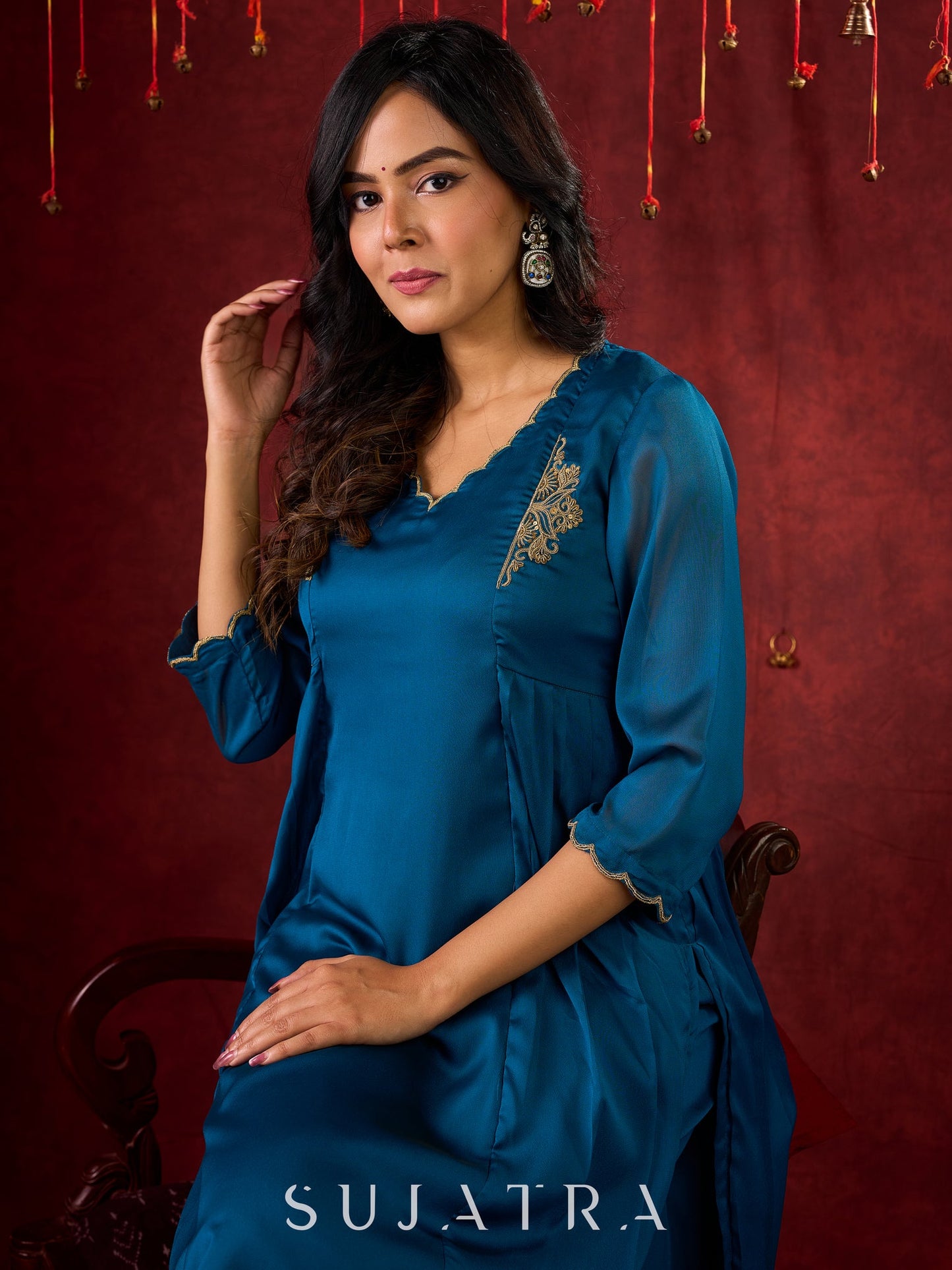 Teal Elegance Silk Panel Kurta with Minimalist Embroidery