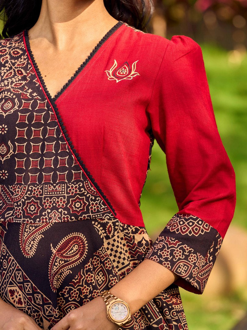 Indie Charm Maroon & Black Ajrakh Patchwork Print Dress