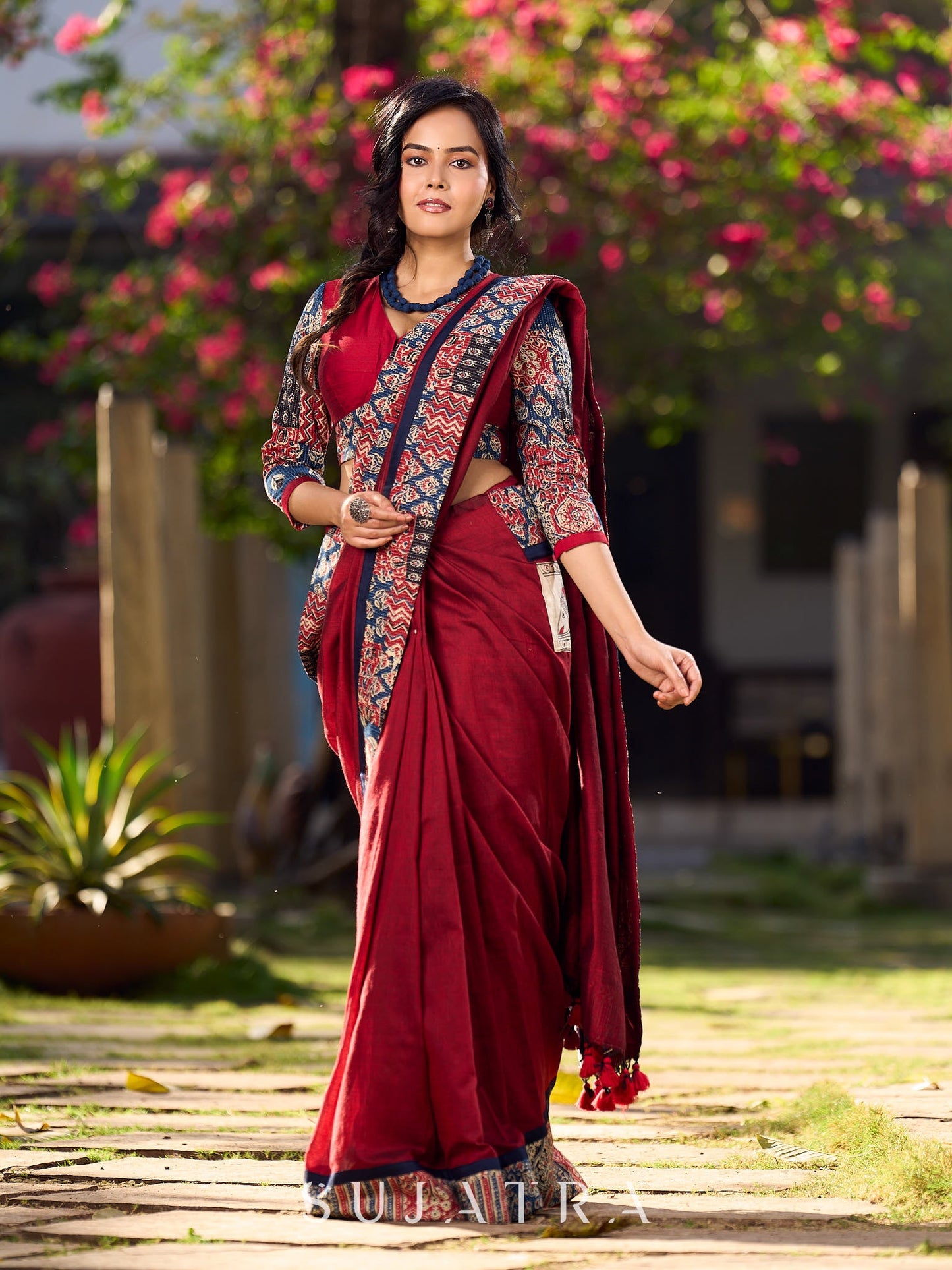 Chic Maroon Cotton Saree with Vibrant Ajrakh Kantha Patchwork & Madhubani Border