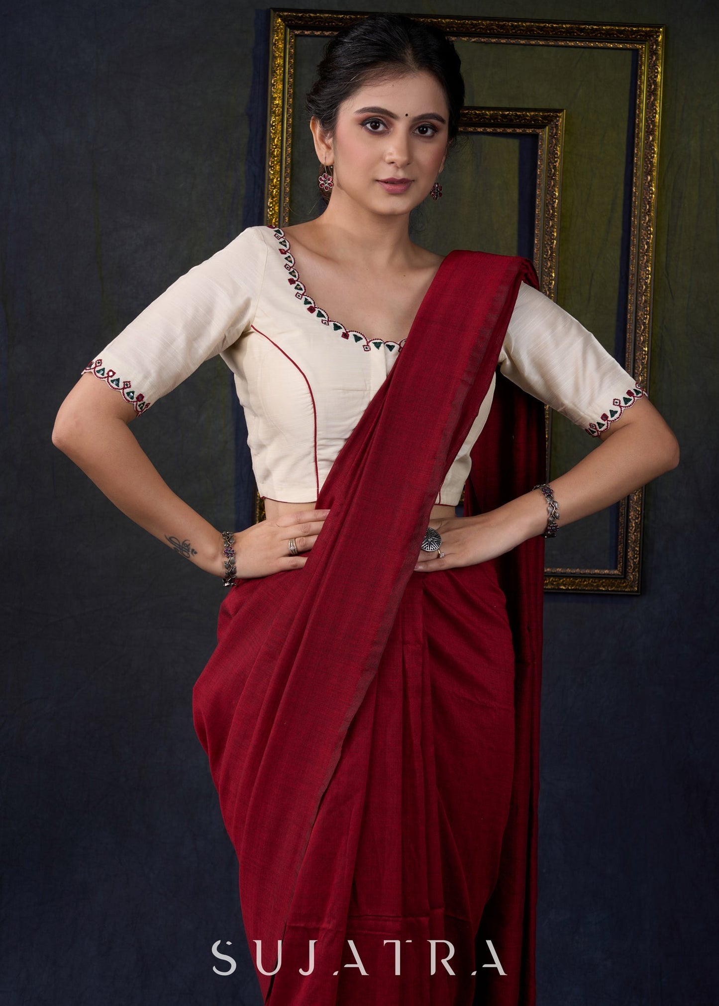 Embroidered Scalloped off White Cotton Silk Blouse - Optional Plain Saree