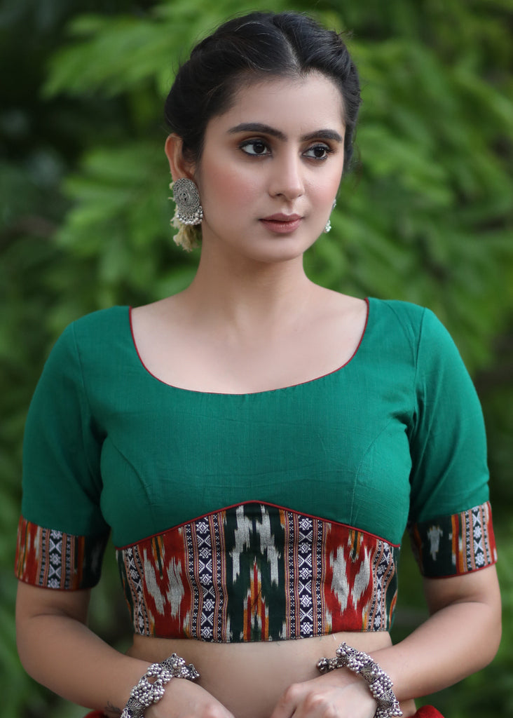 Trendy Bottle Green Cotton Blouse with Border Ikat Combination and Wooden Button Detailing at the Back