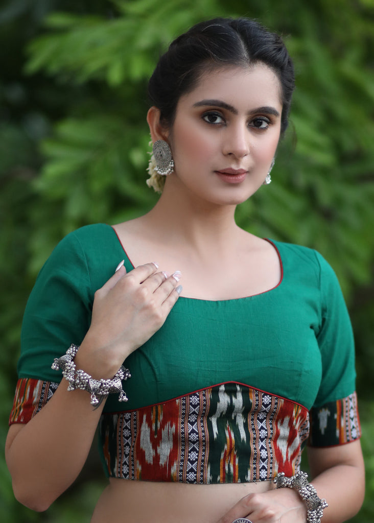 Trendy Bottle Green Cotton Blouse with Border Ikat Combination and Wooden Button Detailing at the Back