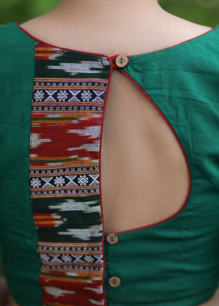 Trendy Bottle Green Cotton Blouse with Border Ikat Combination and Wooden Button Detailing at the Back