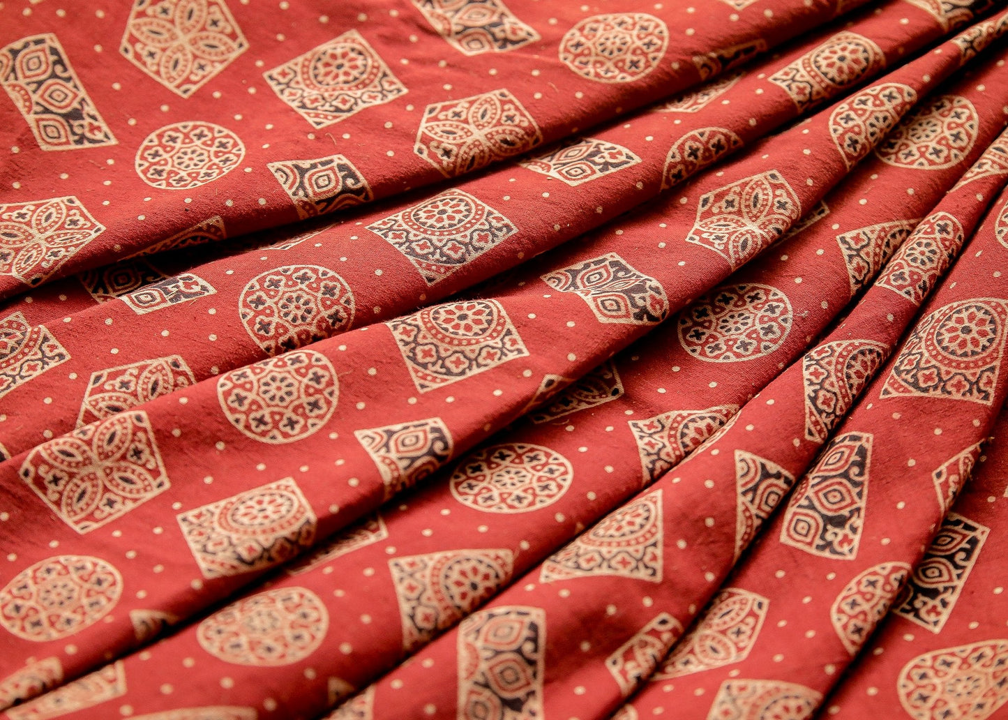 Light Maroon Block Printed Ajrakh Cotton Fabric with Geometrical Motifs