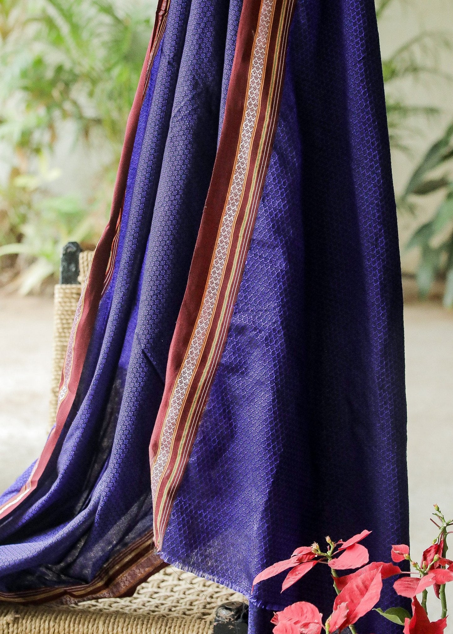Beautiful Intricate blue Khun Fabric with contrast border and subtle Sheen