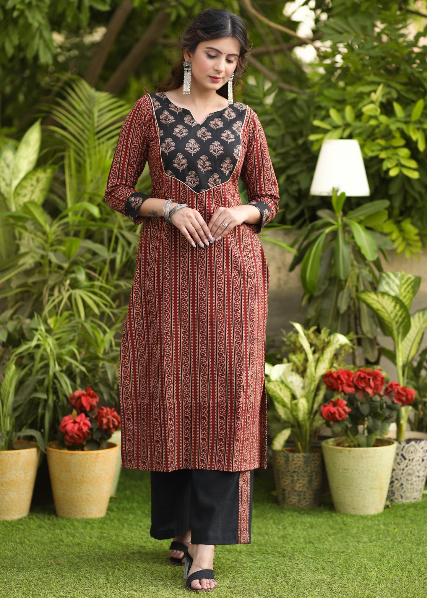 Exclusive Straight Cut Ajrakh Combination Kurti - Pant Optional