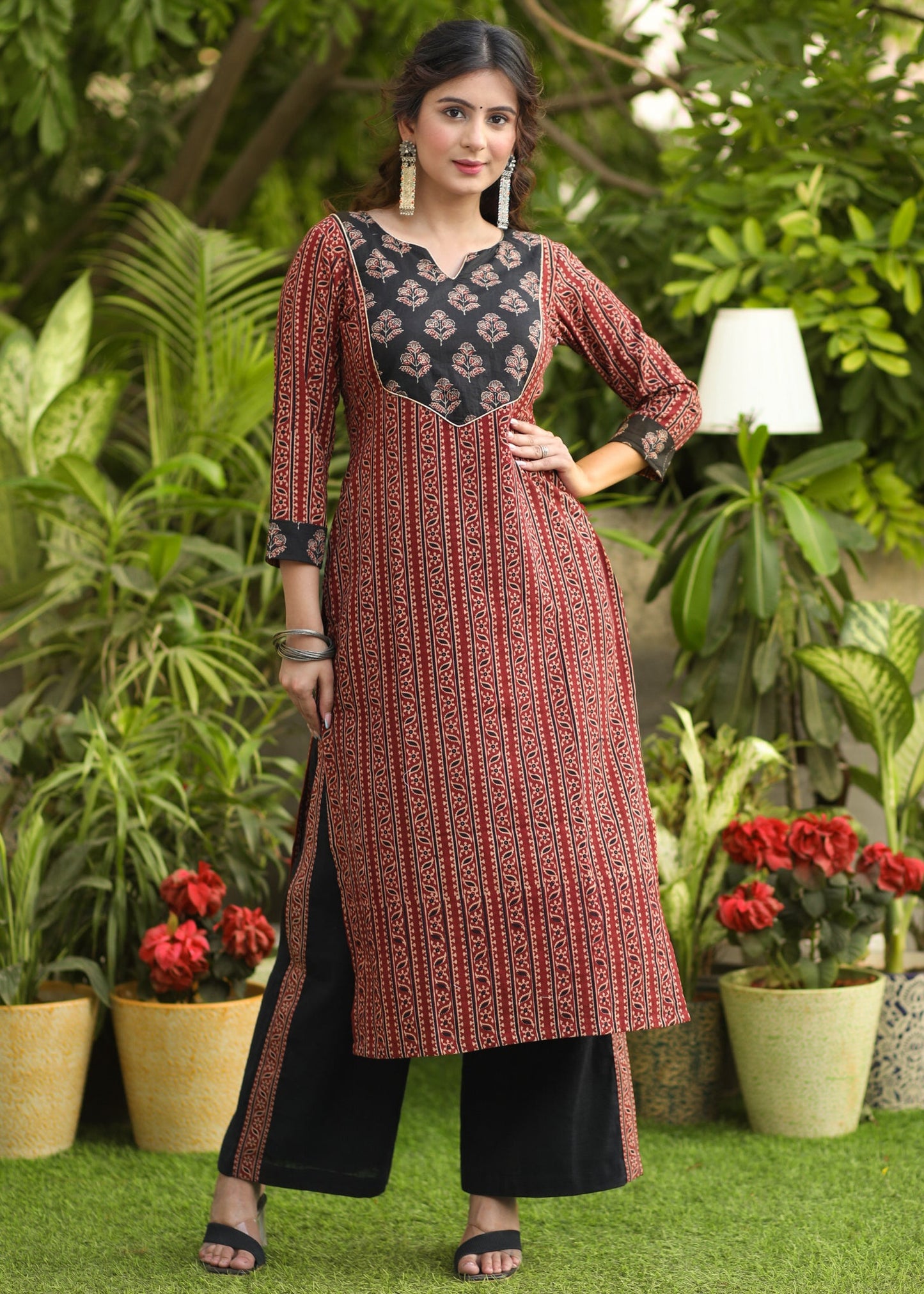 Exclusive Straight Cut Ajrakh Combination Kurti - Pant Optional
