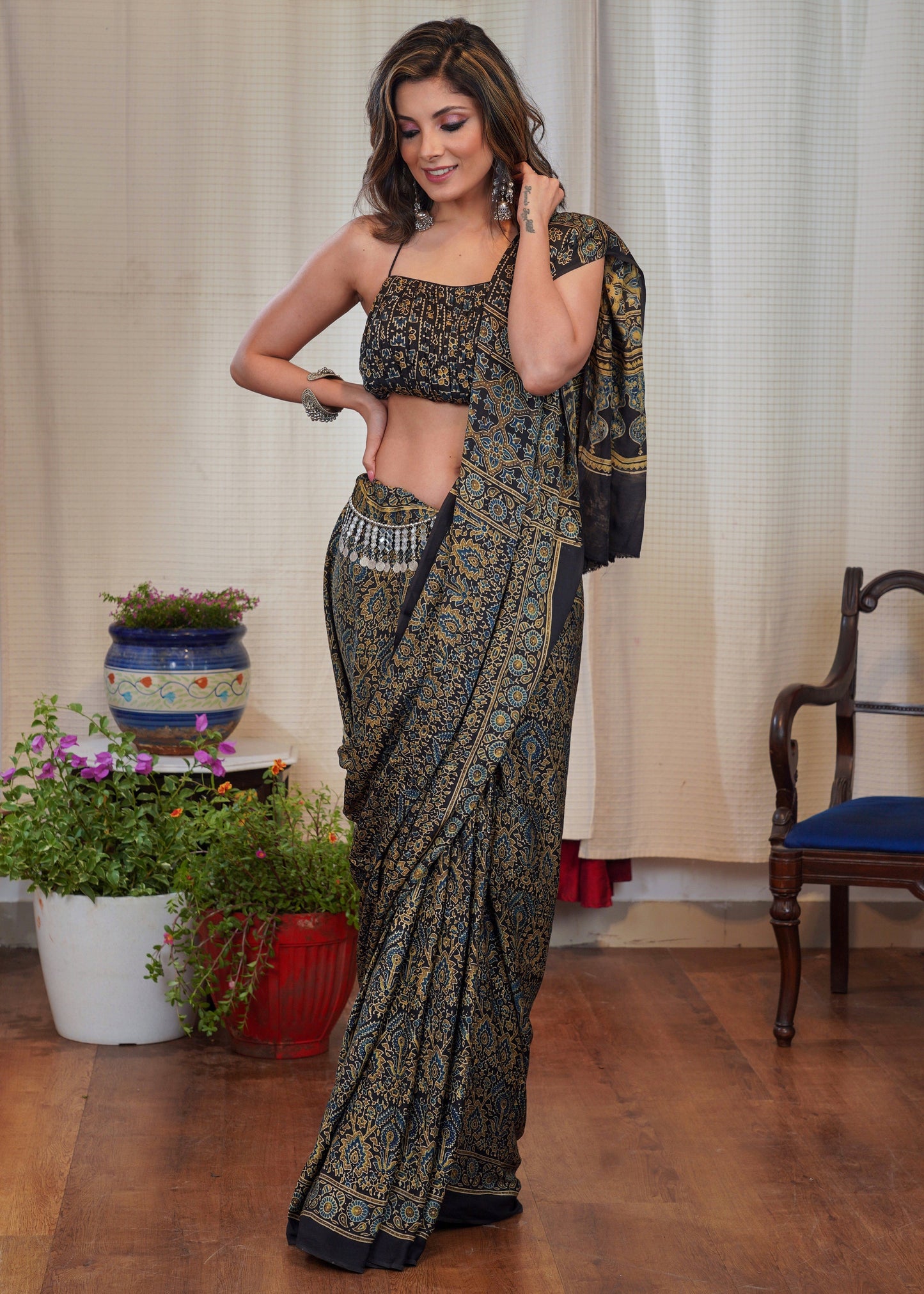 Pure modal silk block printed black designer Ajrakh saree
