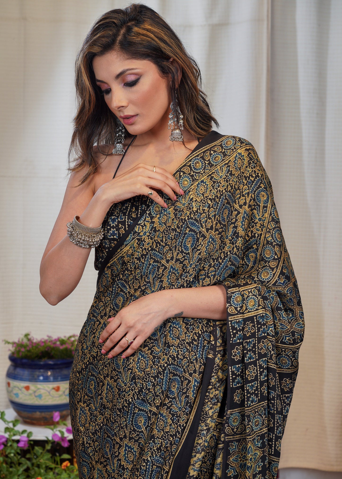 Pure modal silk block printed black designer Ajrakh saree
