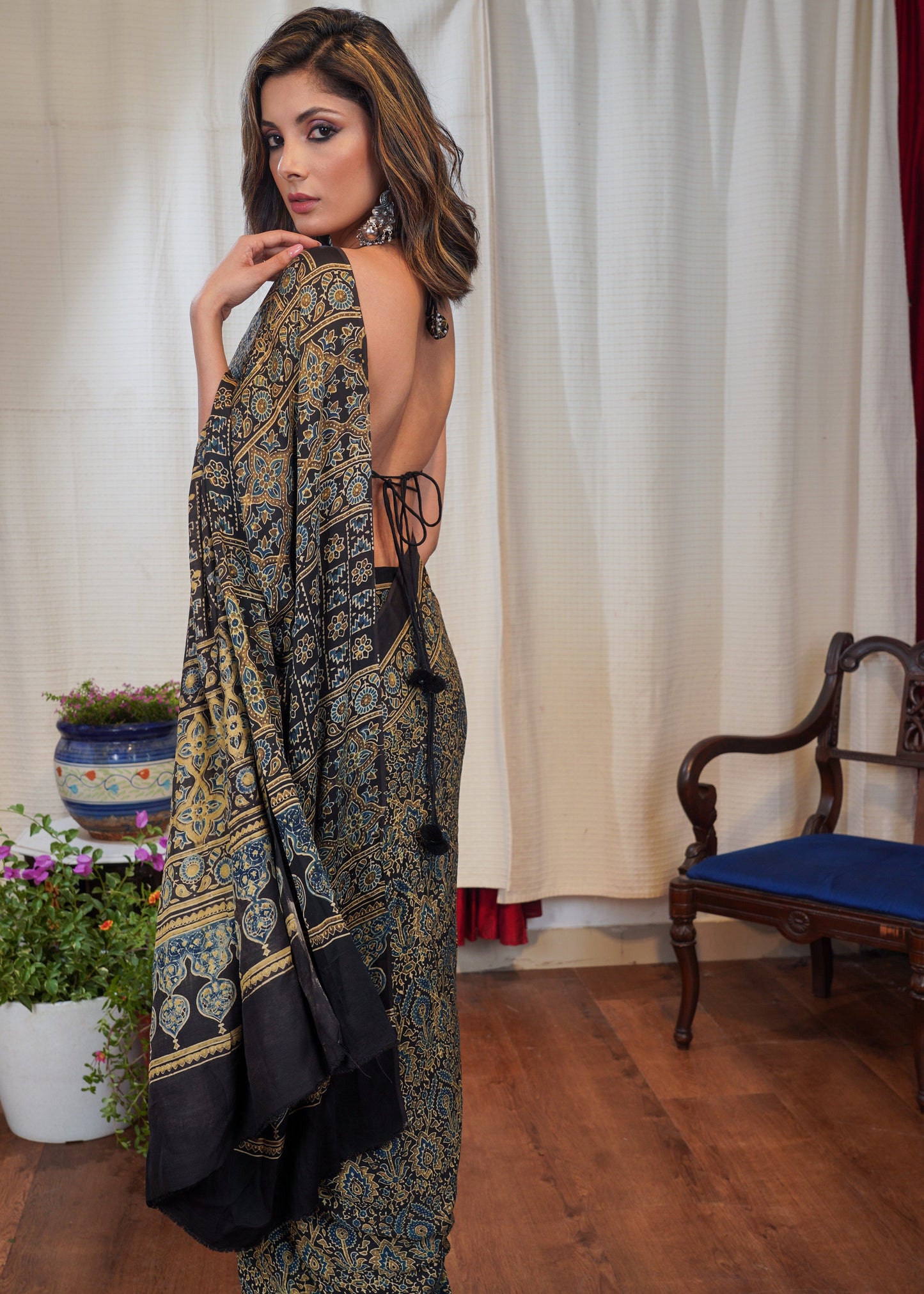 Pure modal silk block printed black designer Ajrakh saree