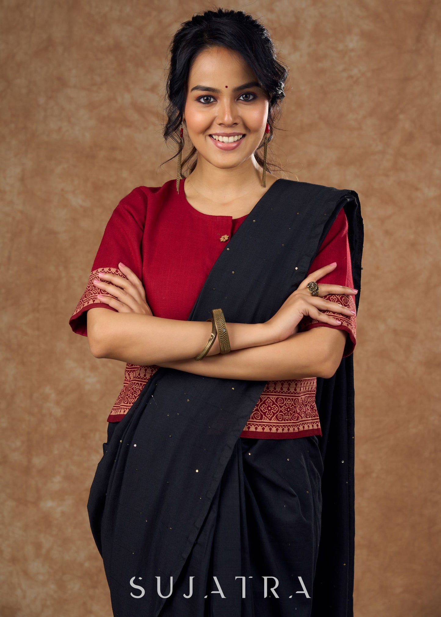maroon cotton and traditional Ajrakh print in this top style blouse - Optional Saree