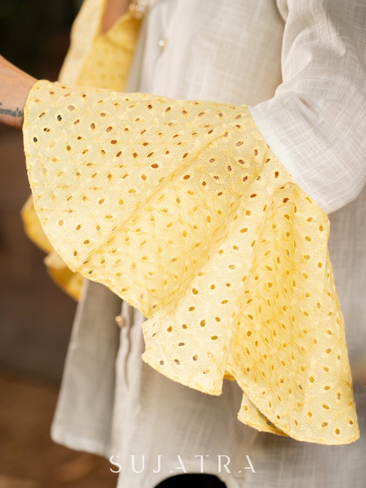 Whimsical White Cotton Shirt with Yellow Hakoba Ruffle Sleeves & Yoke