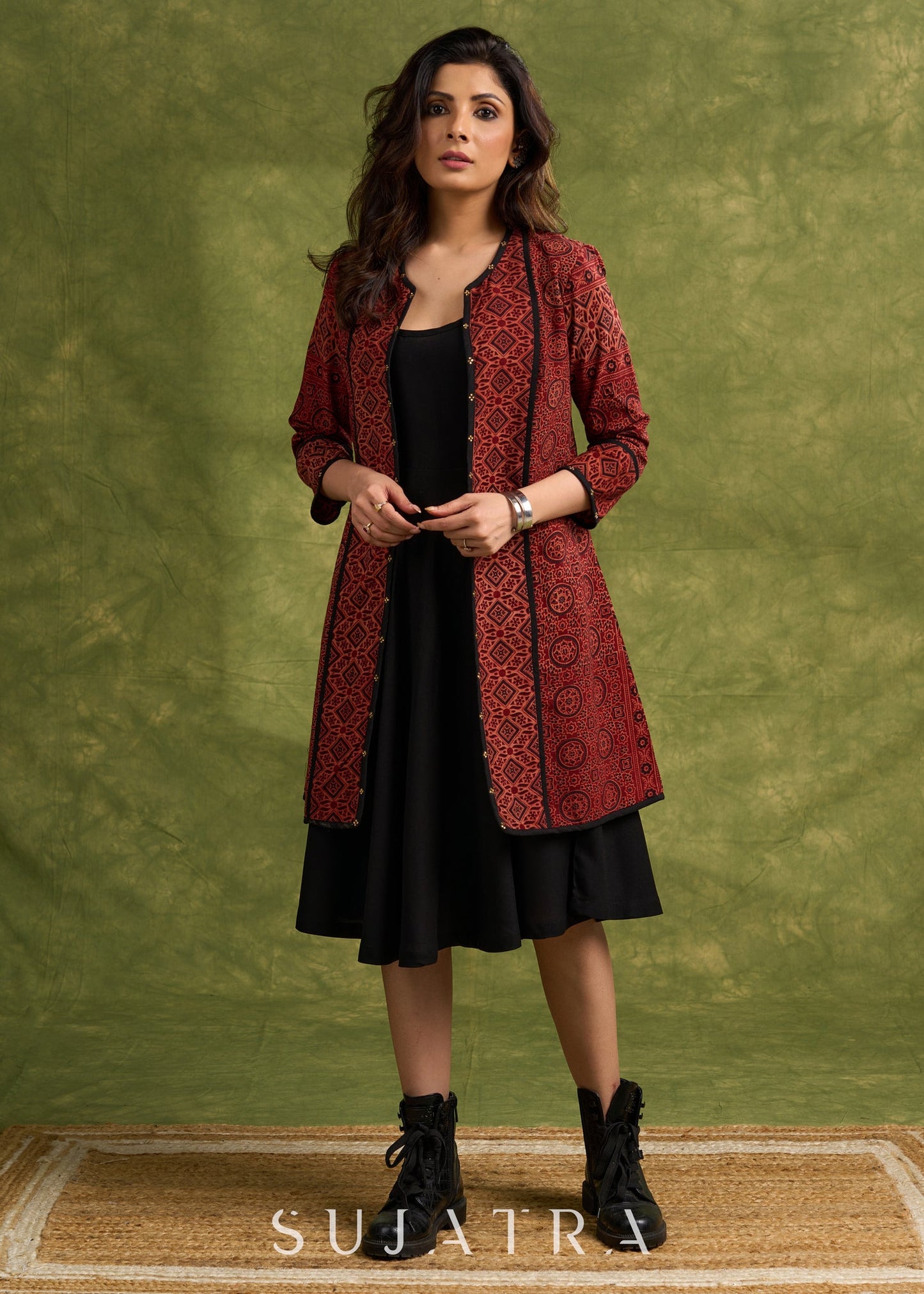 Real Elegant Maroon Ajrakh Long Jacket With Sleek Black Piping And Stone Adornments Dress Optional