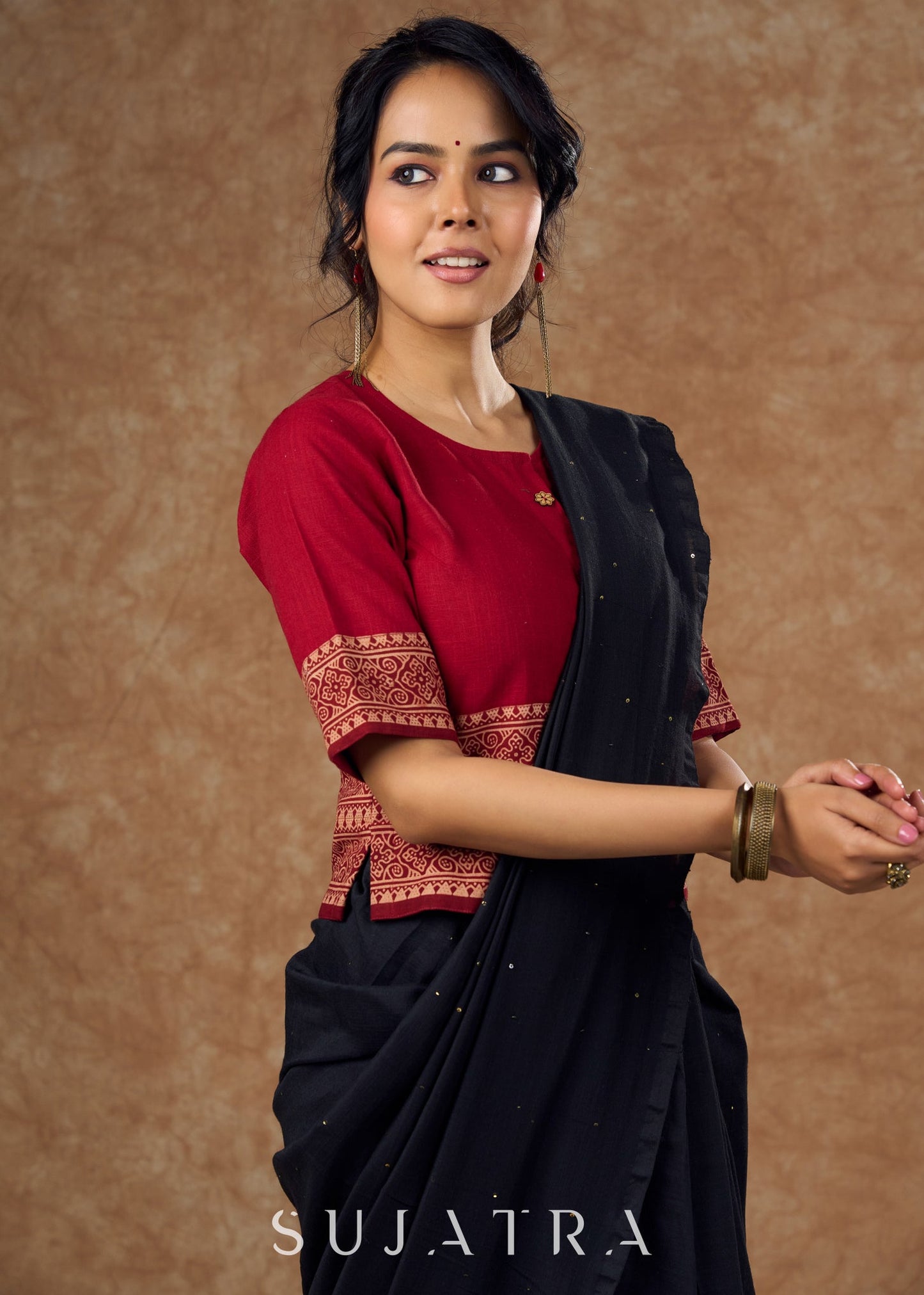 maroon cotton and traditional Ajrakh print in this top style blouse - Optional Saree
