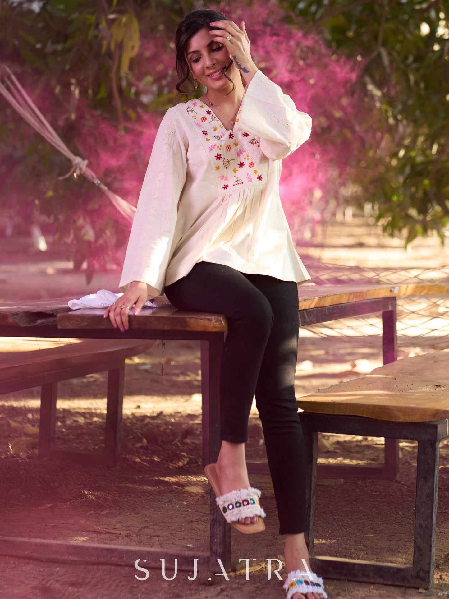 Off White Handloom Cotton Top with Intricate Hand Embroidered Floral Yoke & Elegant Hakoba Sleeves