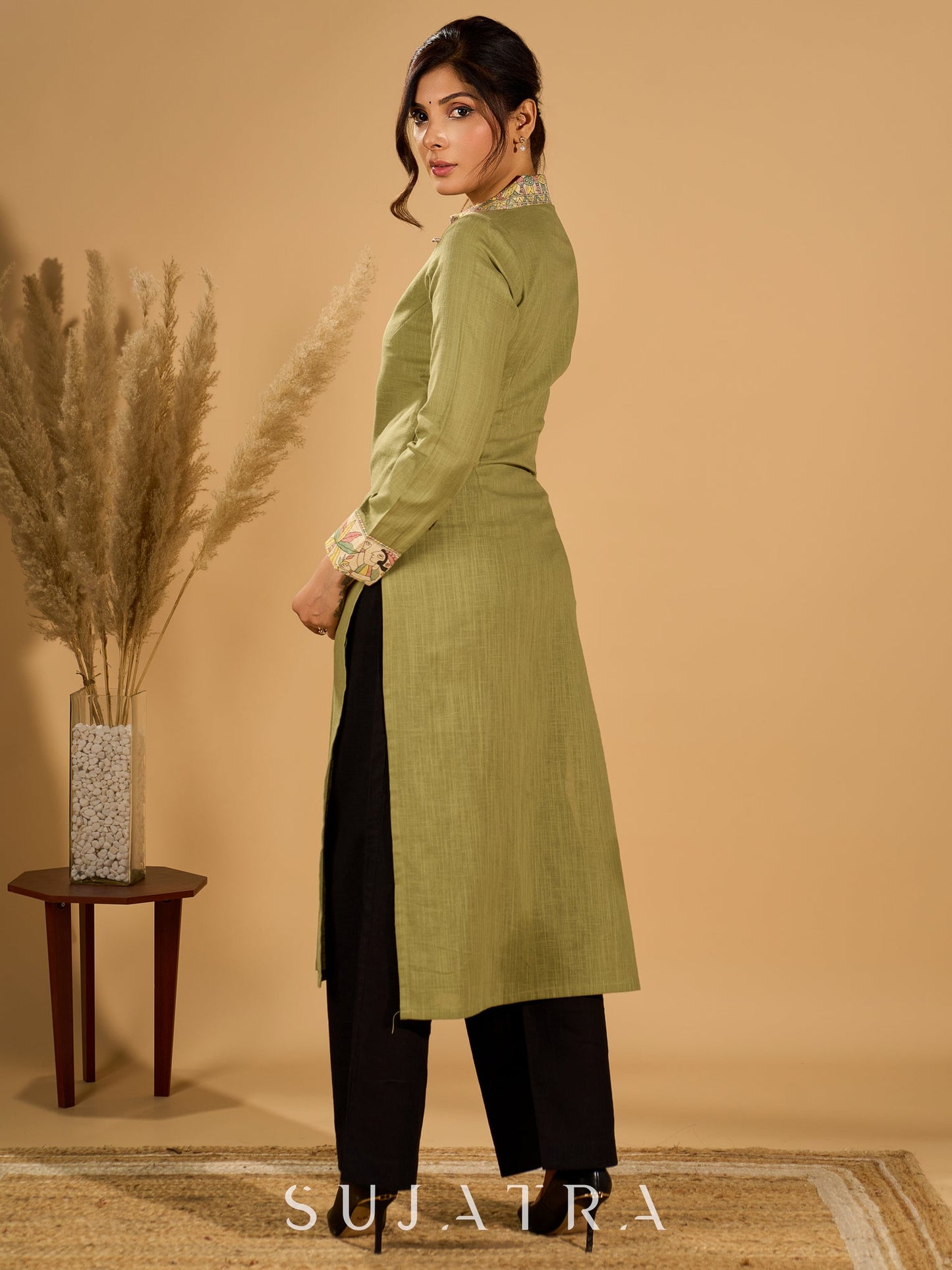 Meadow Mint Slub Kurta with Artistic Cuffs and Twisted Collar