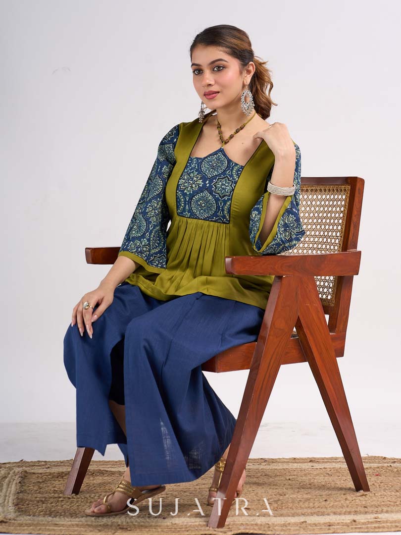 Olive Cotton Designer Top with Ajrakh Yoke and Statement Neckpiece-Tie Up Drawstring
