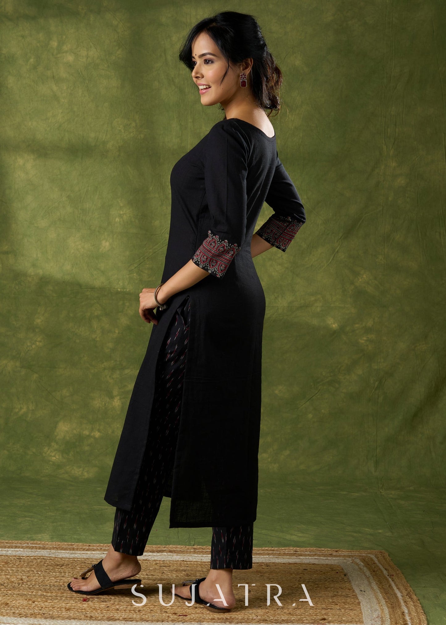 Sleek Black Cotton Hand Block Printed Kurta - Pant Optional