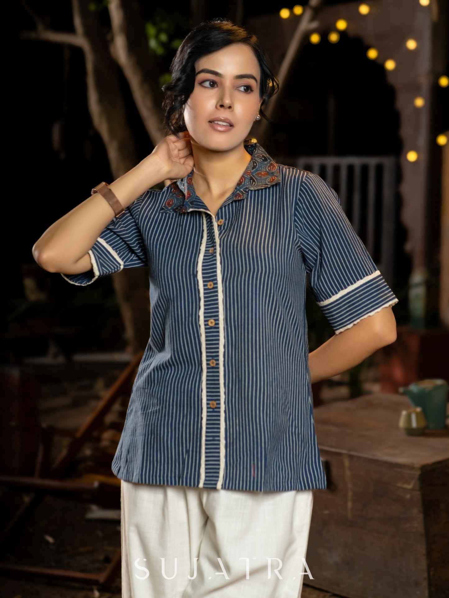 Chic Indigo Striped Shirt with Ajrakh & Elegant Crochet Lace Detailings