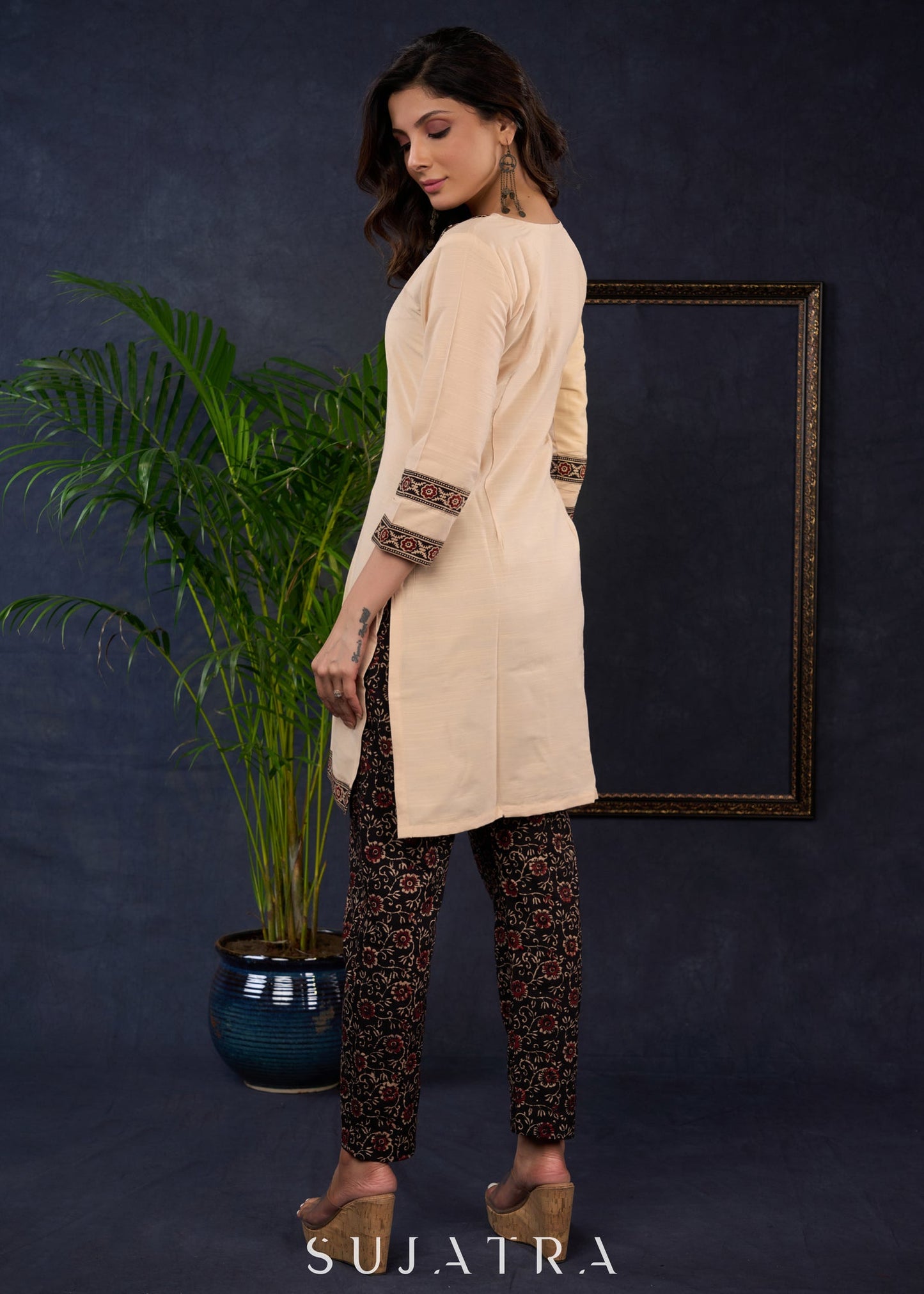 Elegant Beige Cotton Silk Ajrakh Combination Tunic - Pant Optional