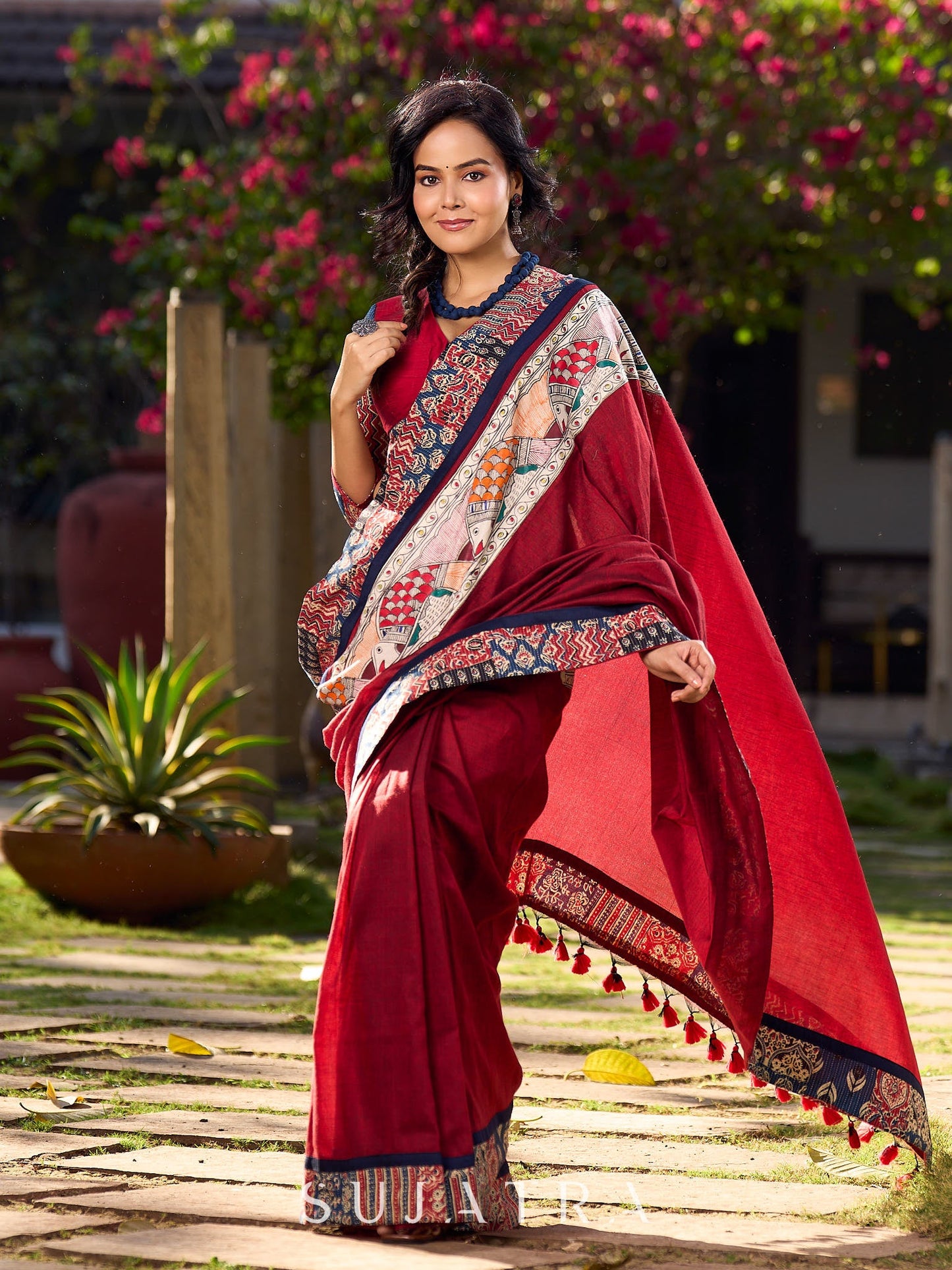 Chic Maroon Cotton Saree with Vibrant Ajrakh Kantha Patchwork & Madhubani Border
