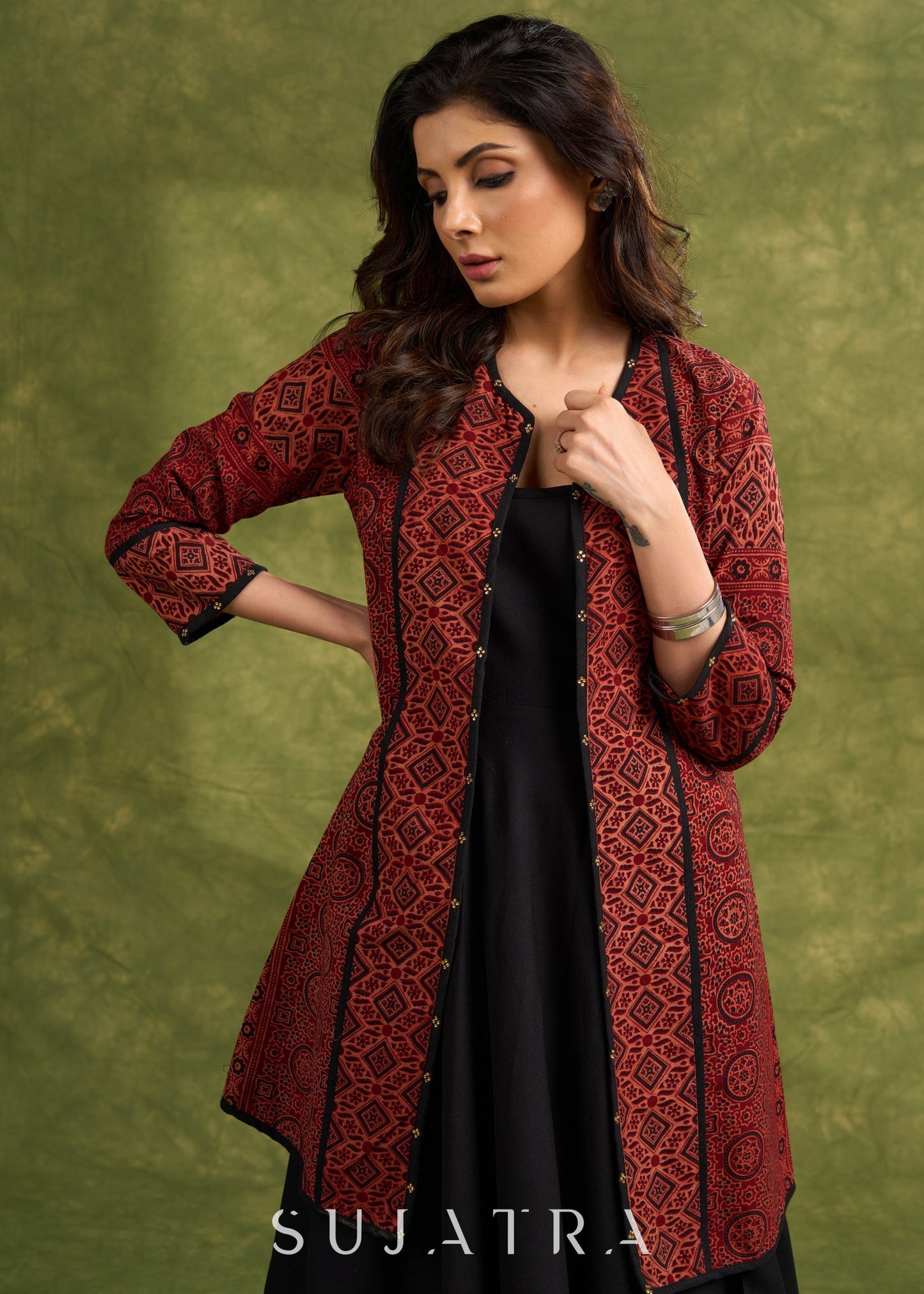 Real Elegant Maroon Ajrakh Long Jacket With Sleek Black Piping And Stone Adornments Dress Optional