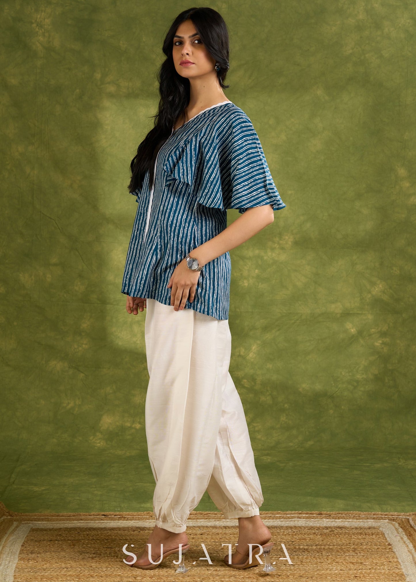 Breezy Rayon Striped V-Neck Top With Flowing Cape Sleeves - Pant Optional
