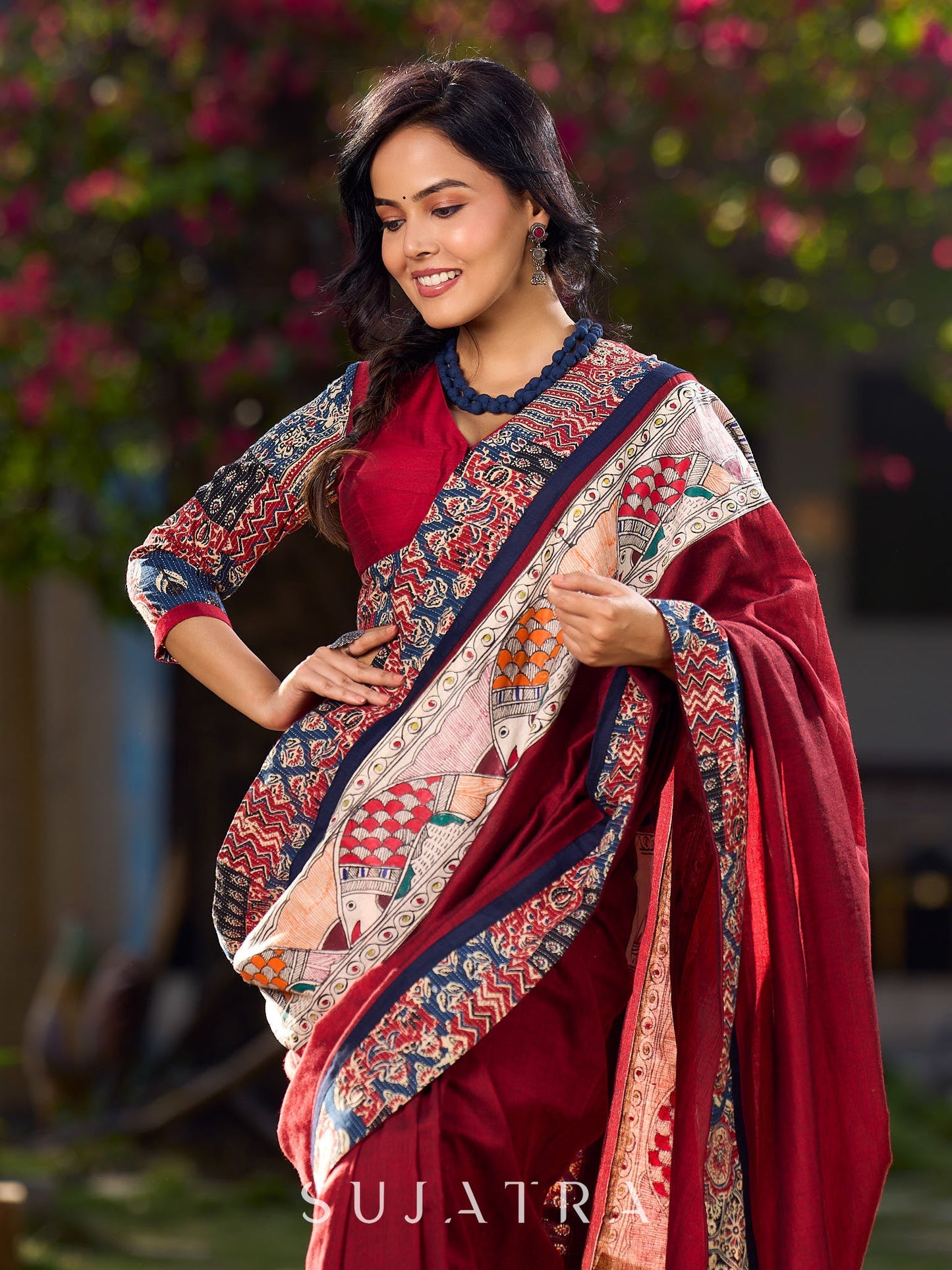 Chic Maroon Cotton Saree with Vibrant Ajrakh Kantha Patchwork & Madhubani Border