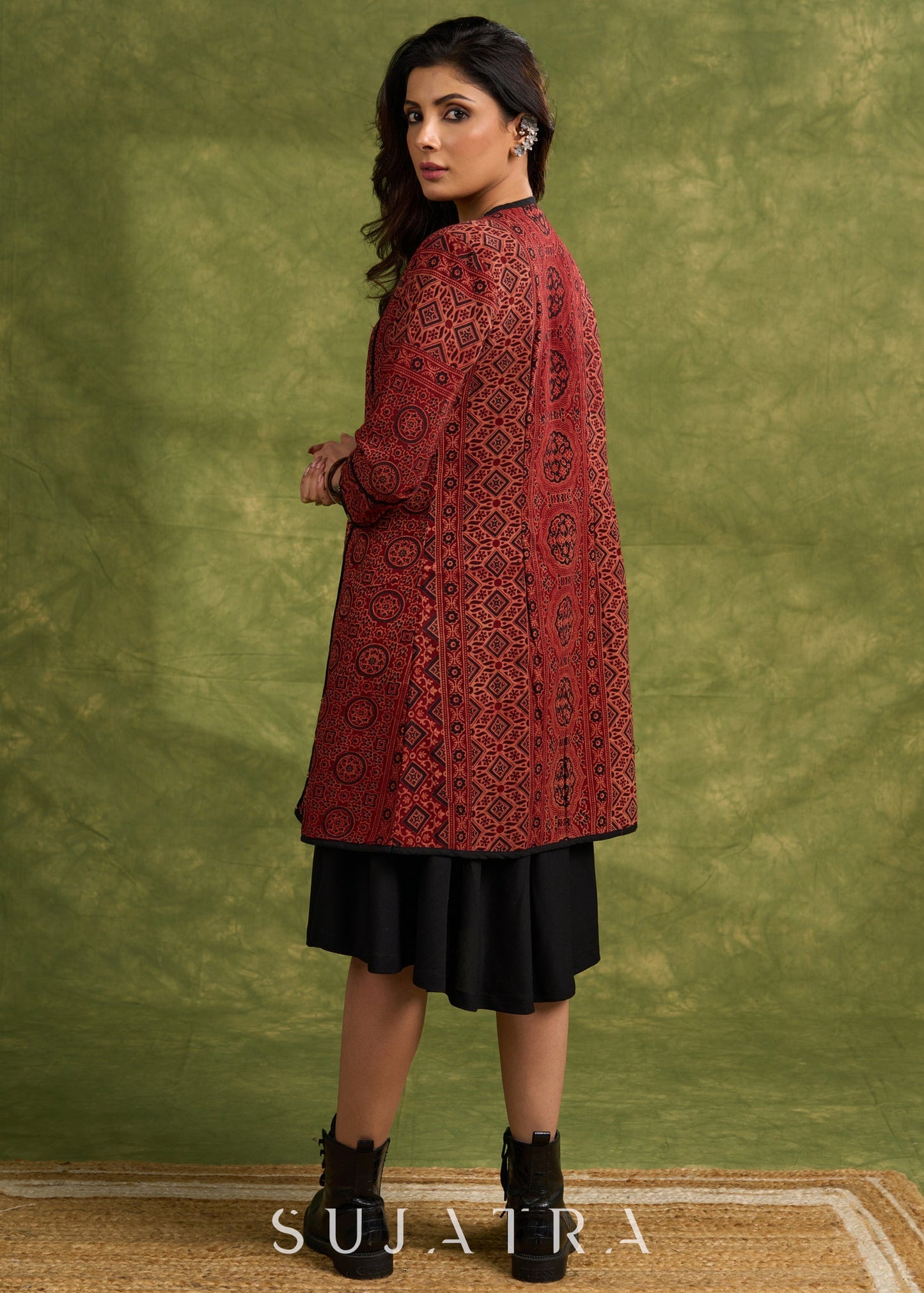 Real Elegant Maroon Ajrakh Long Jacket With Sleek Black Piping And Stone Adornments Dress Optional