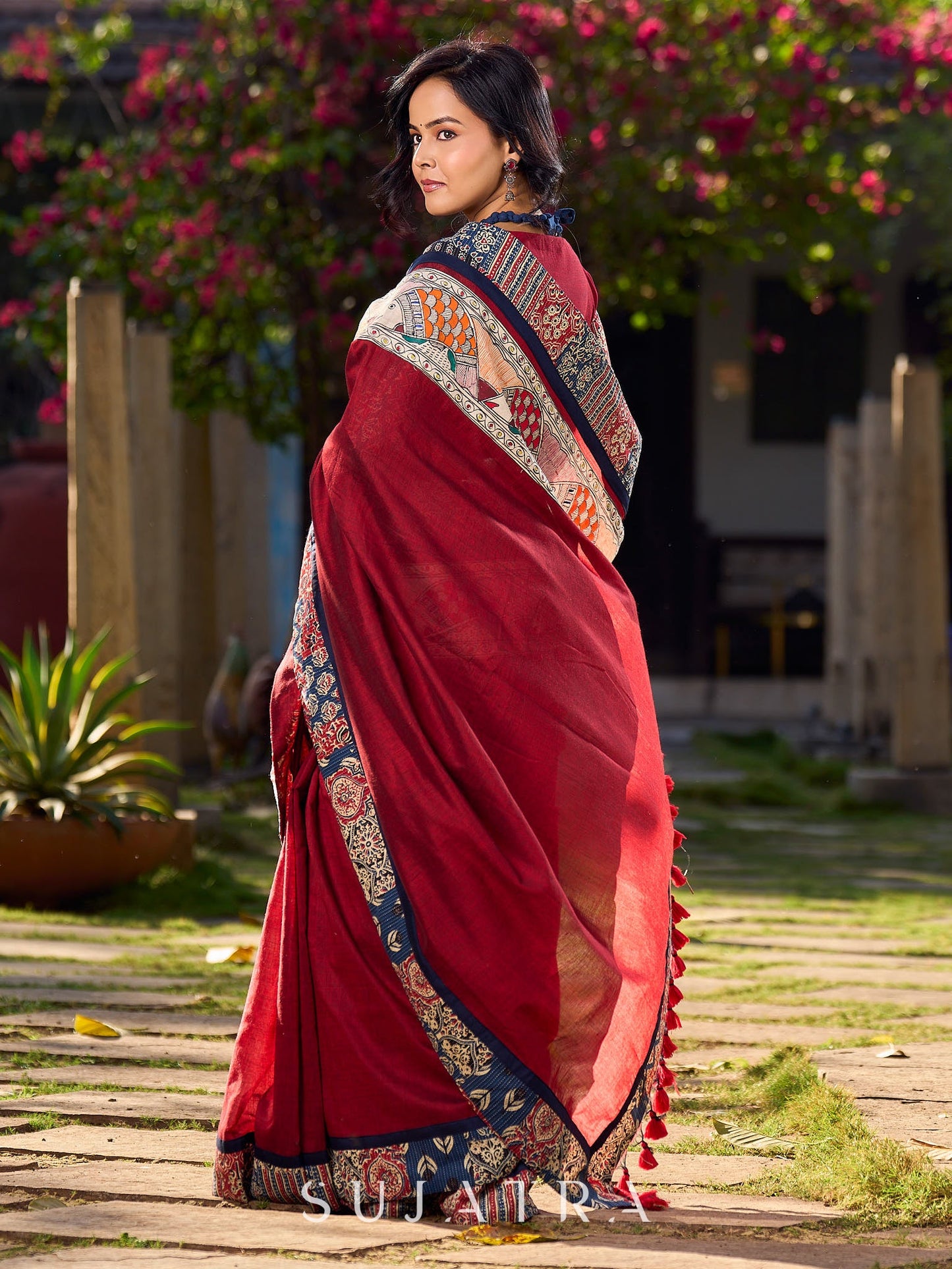 Chic Maroon Cotton Saree with Vibrant Ajrakh Kantha Patchwork & Madhubani Border