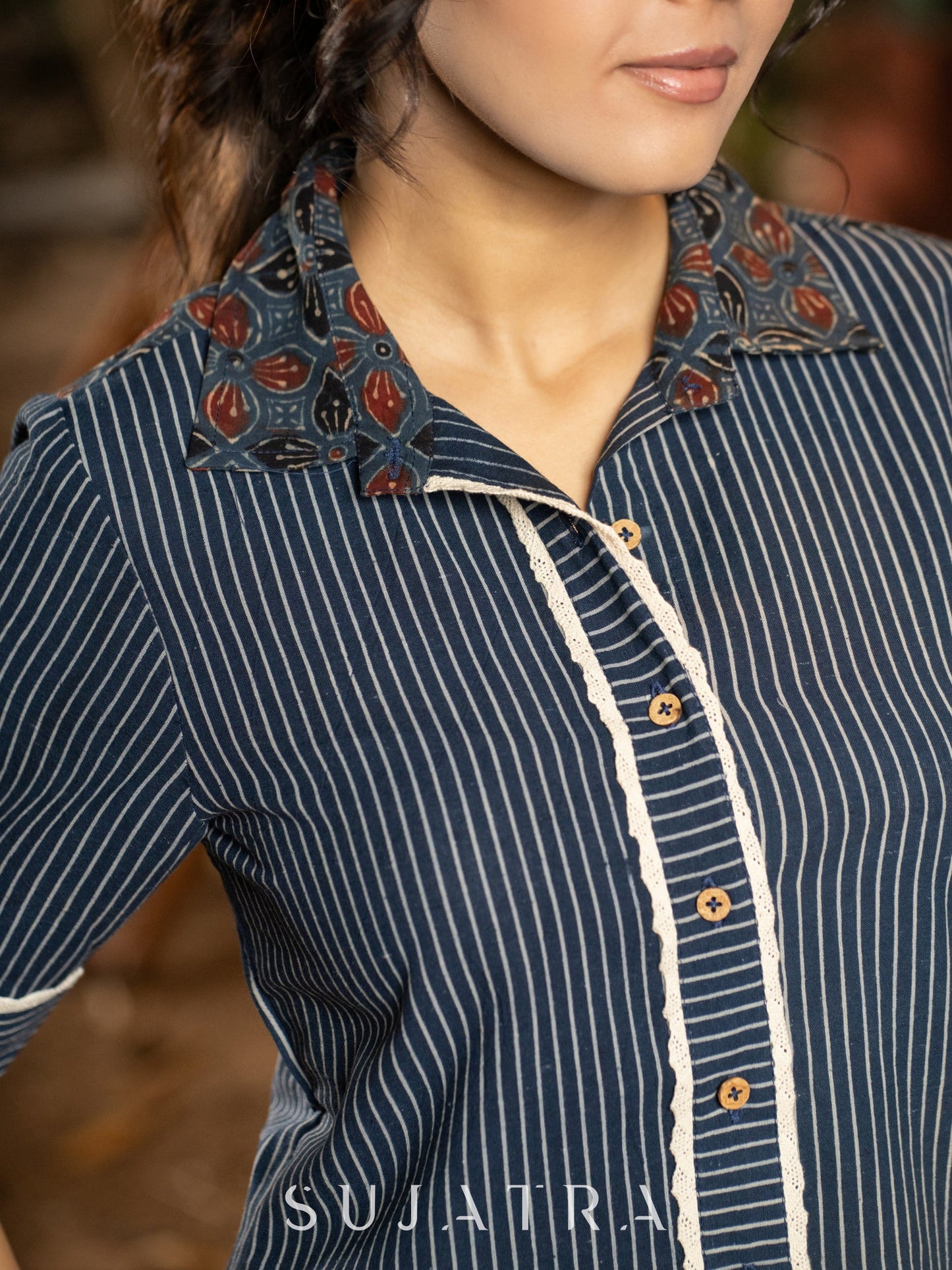 Chic Indigo Striped Shirt with Ajrakh & Elegant Crochet Lace Detailings