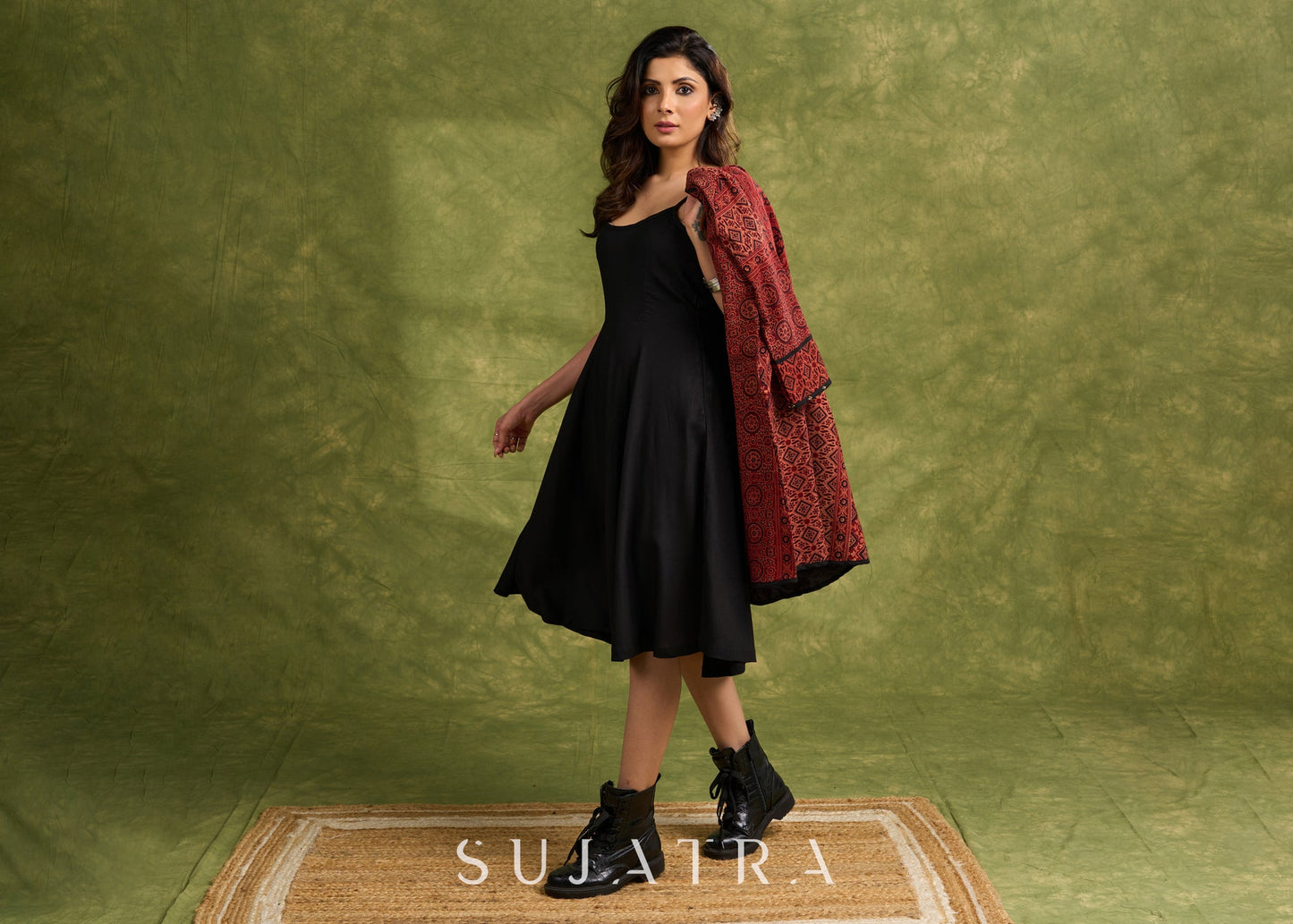 Real Elegant Maroon Ajrakh Long Jacket With Sleek Black Piping And Stone Adornments Dress Optional
