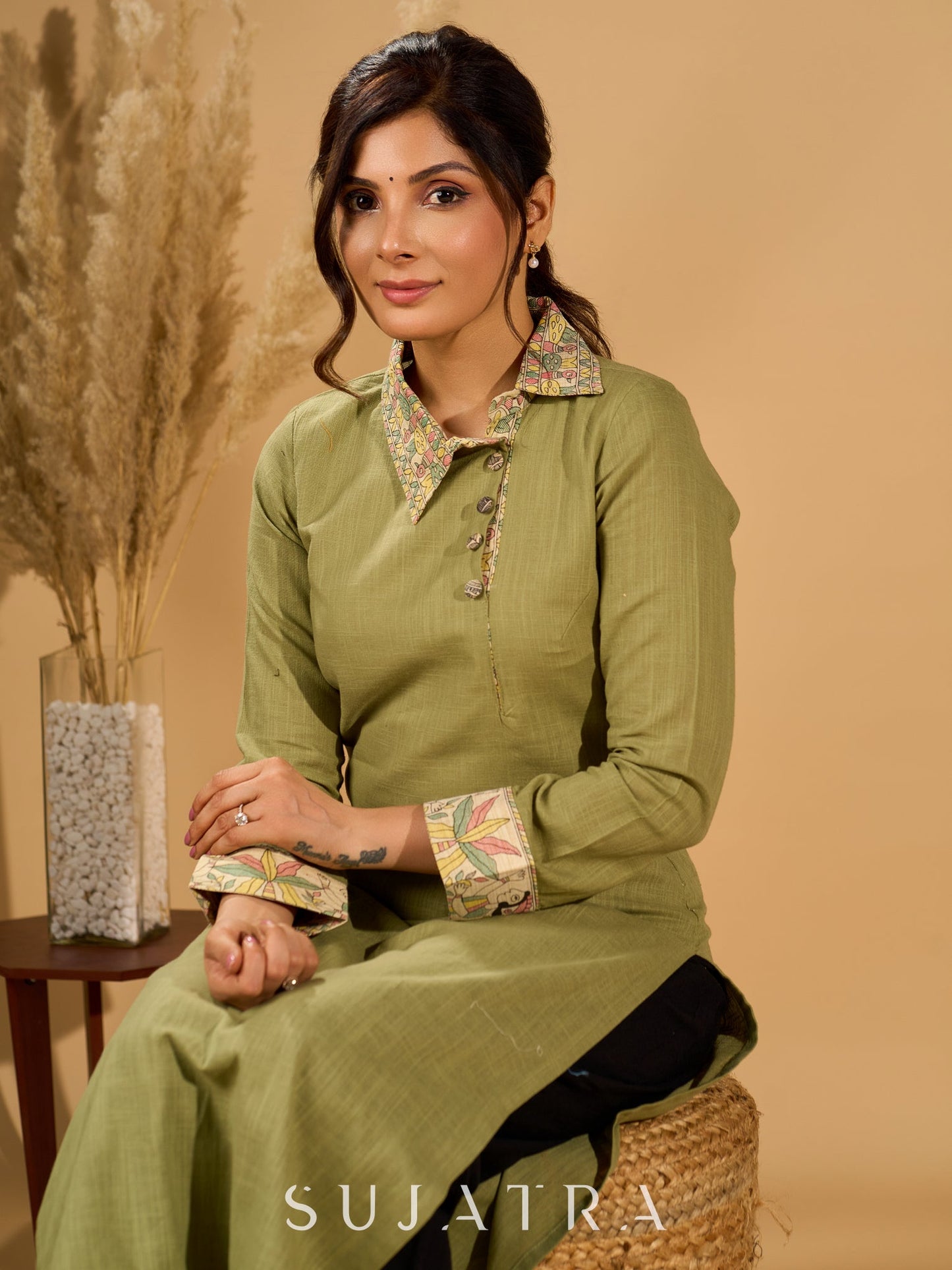 Meadow Mint Slub Kurta with Artistic Cuffs and Twisted Collar