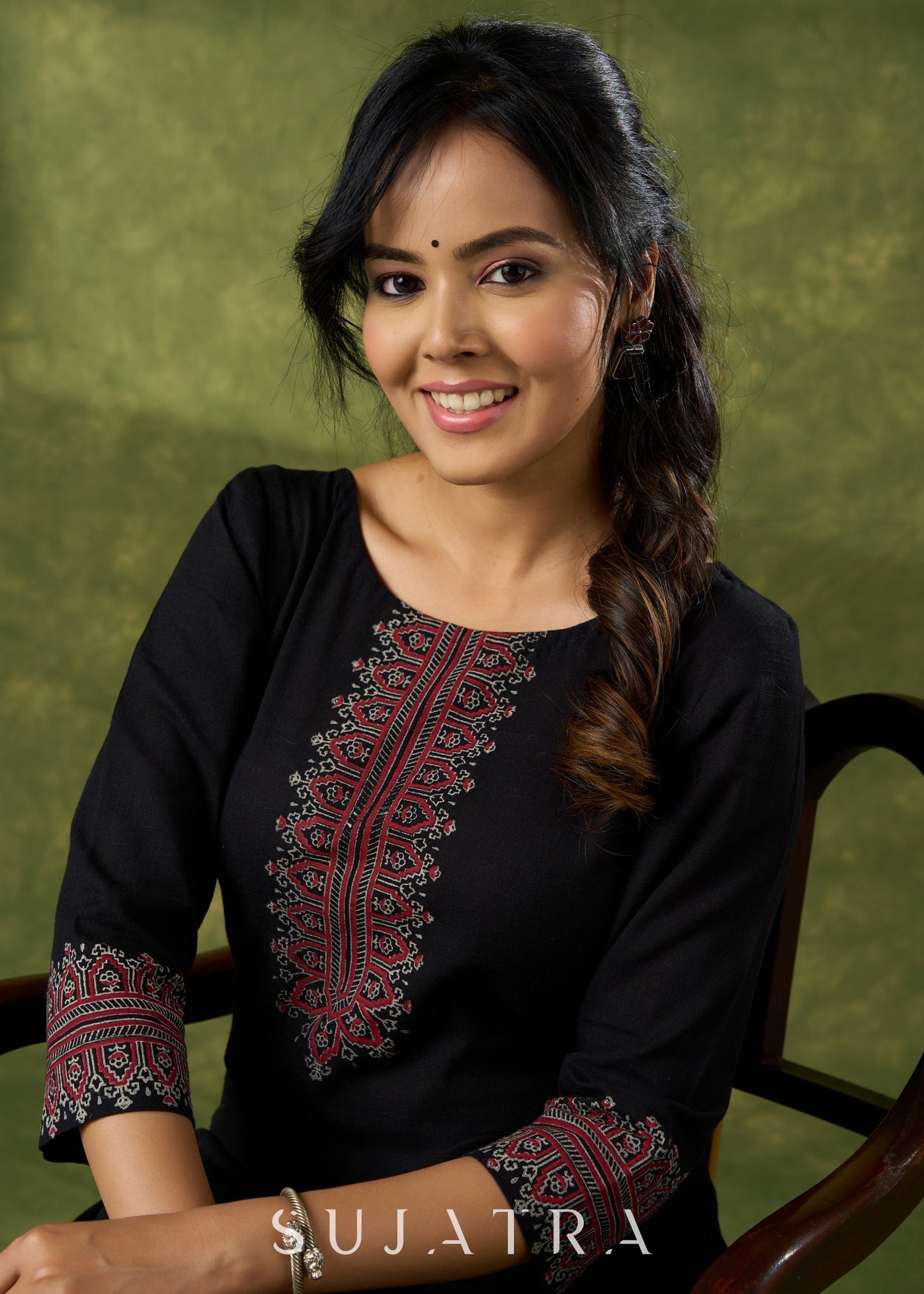 Sleek Black Cotton Hand Block Printed Kurta - Pant Optional