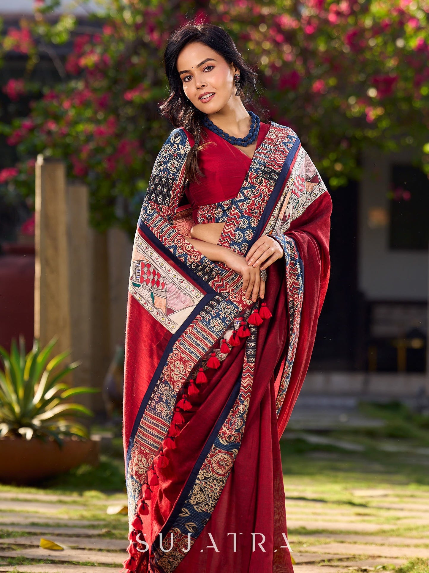 Chic Maroon Cotton Saree with Vibrant Ajrakh Kantha Patchwork & Madhubani Border