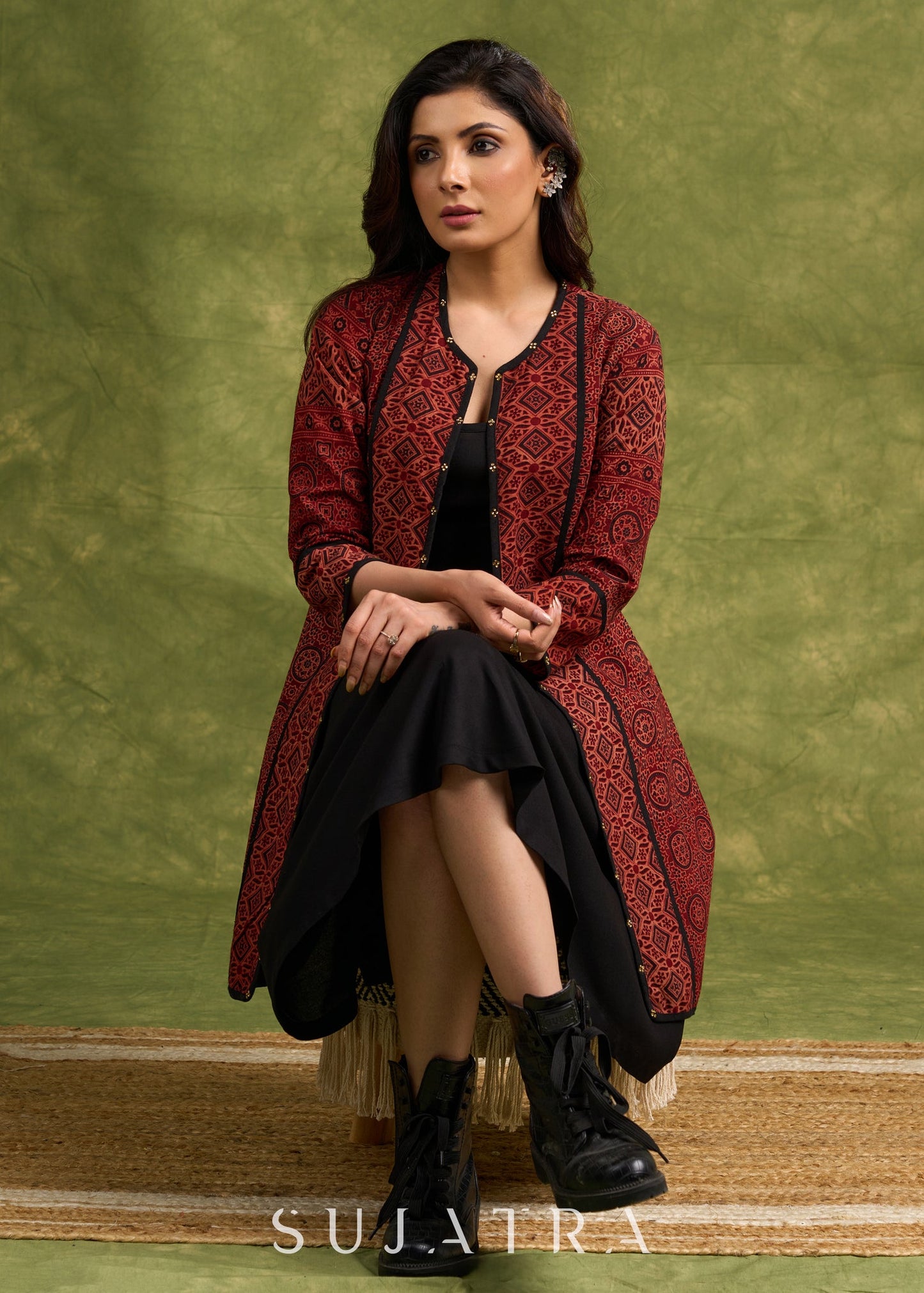 Real Elegant Maroon Ajrakh Long Jacket With Sleek Black Piping And Stone Adornments Dress Optional
