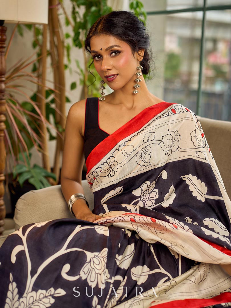 Classic Black & White Kalamkari Pure Silk Saree with Bold Red Contrast Border