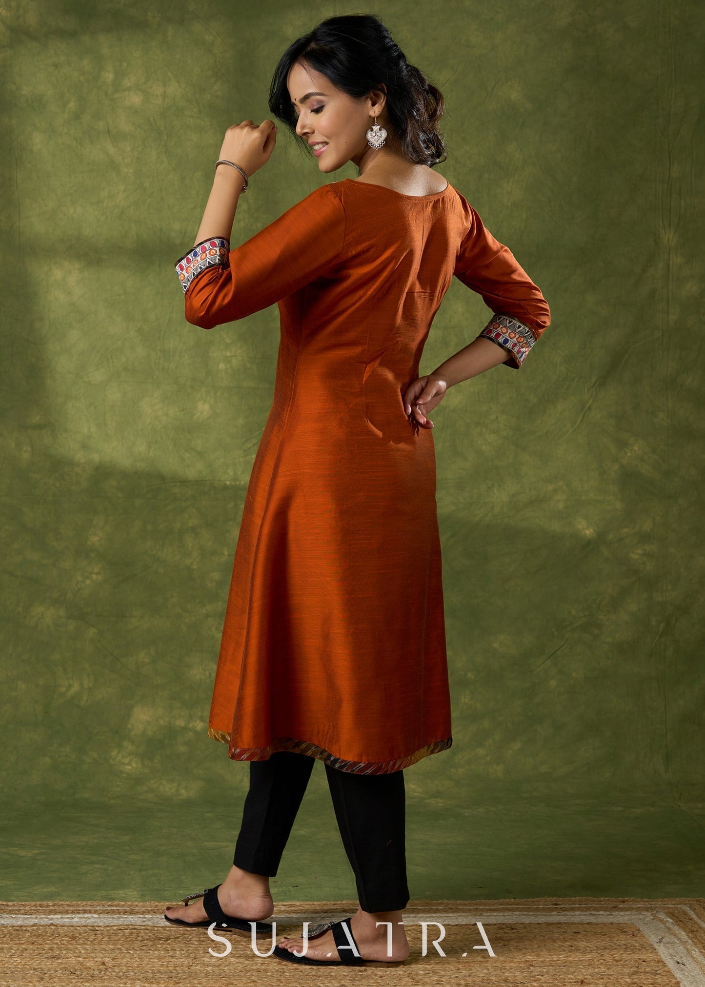 Exclusive Rust Kurta With Hand Painted Madhubani Yoke - Pant Optional