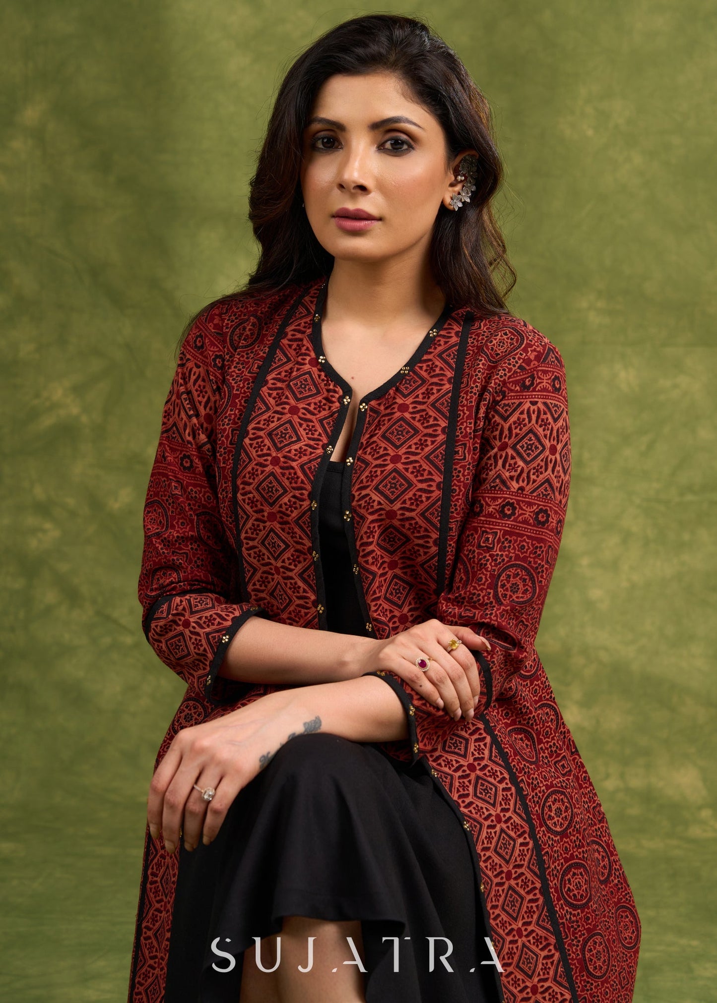Real Elegant Maroon Ajrakh Long Jacket With Sleek Black Piping And Stone Adornments Dress Optional