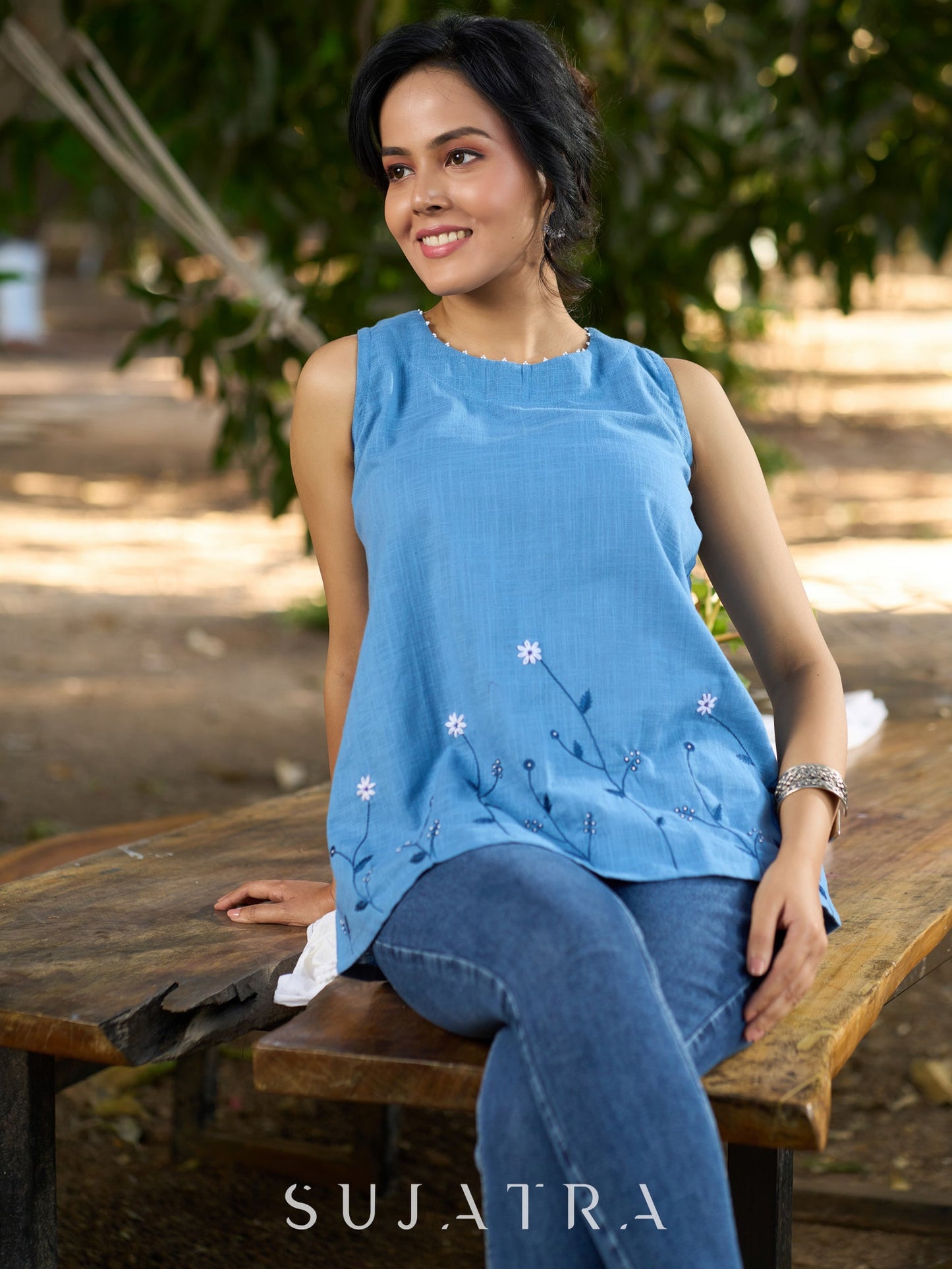 Serene Sky Blue Cotton Slub Sleeveless Top with Hand Embroidered Florals & Intricate Bead Embellishments