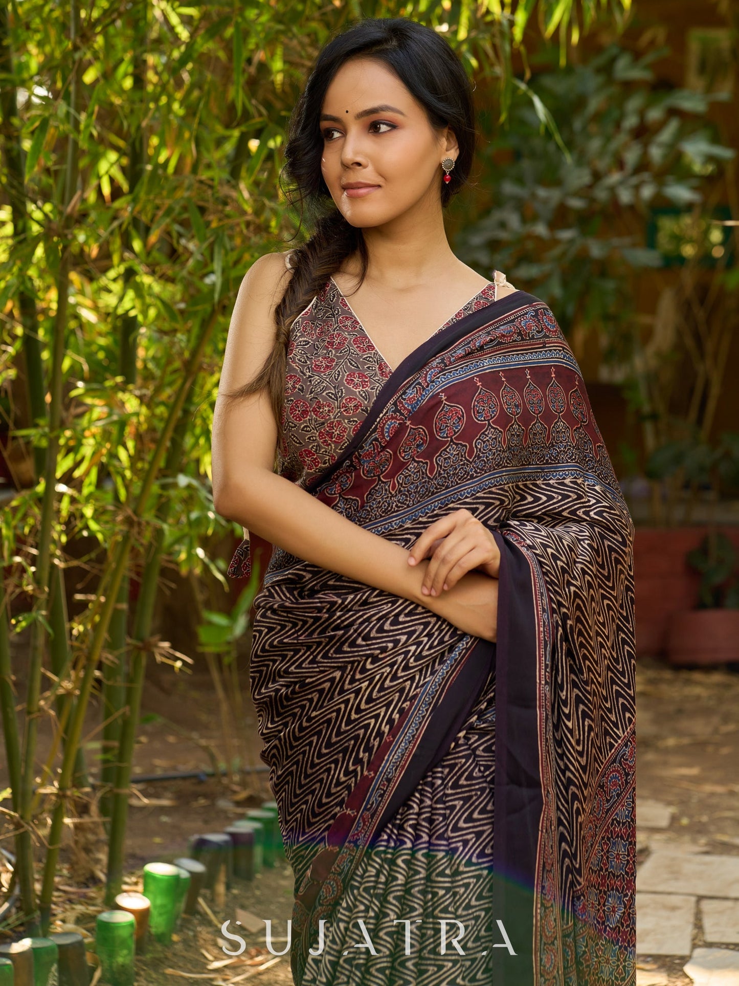 Black Hand Block Printed Ajrakh Modal Saree with Zigzag Pattern and Ornate Border