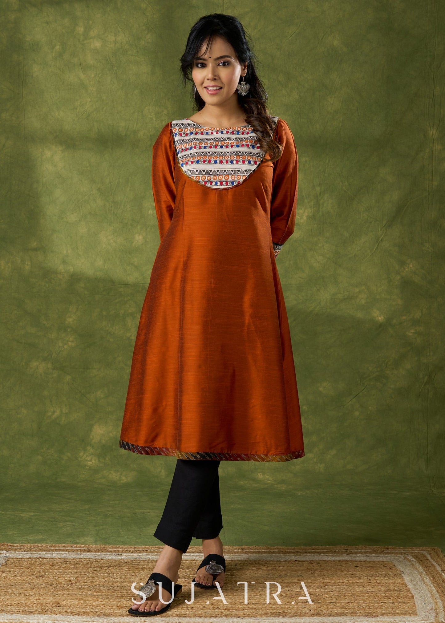 Exclusive Rust Kurta With Hand Painted Madhubani Yoke - Pant Optional