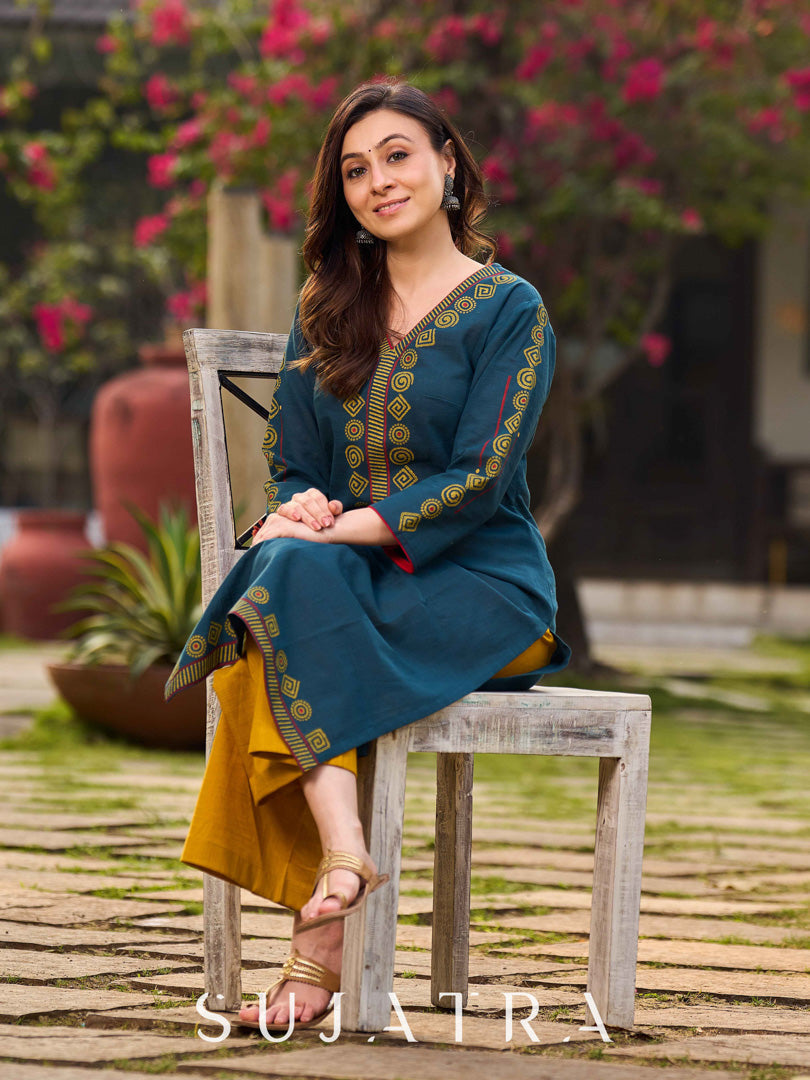 Classy Teal Cotton Hand Block Printed Kurta With Geometric Motifs On Neckline And Hem