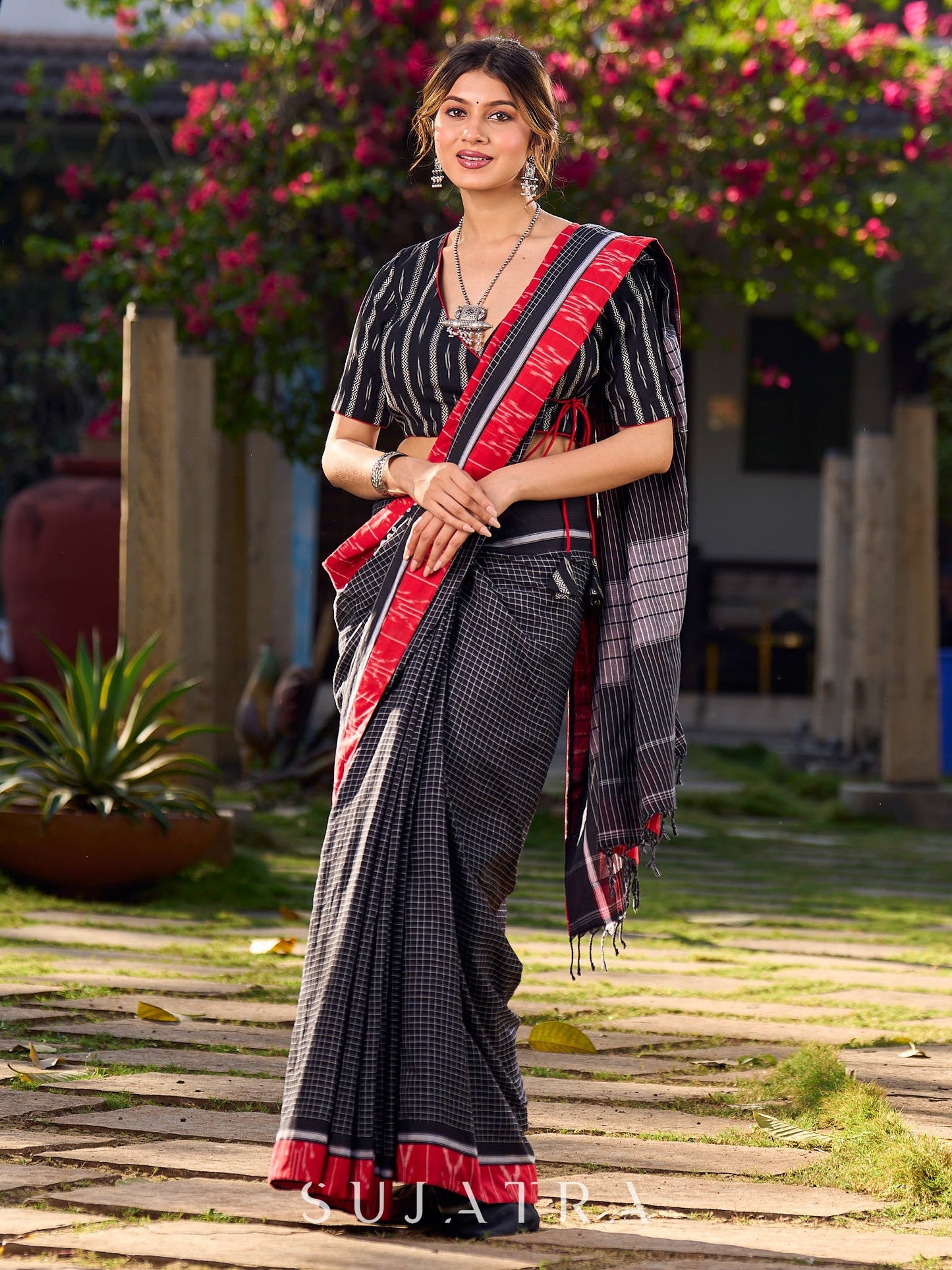 Black Cotton Checkered Saree with Contrasting Red Ikat Border