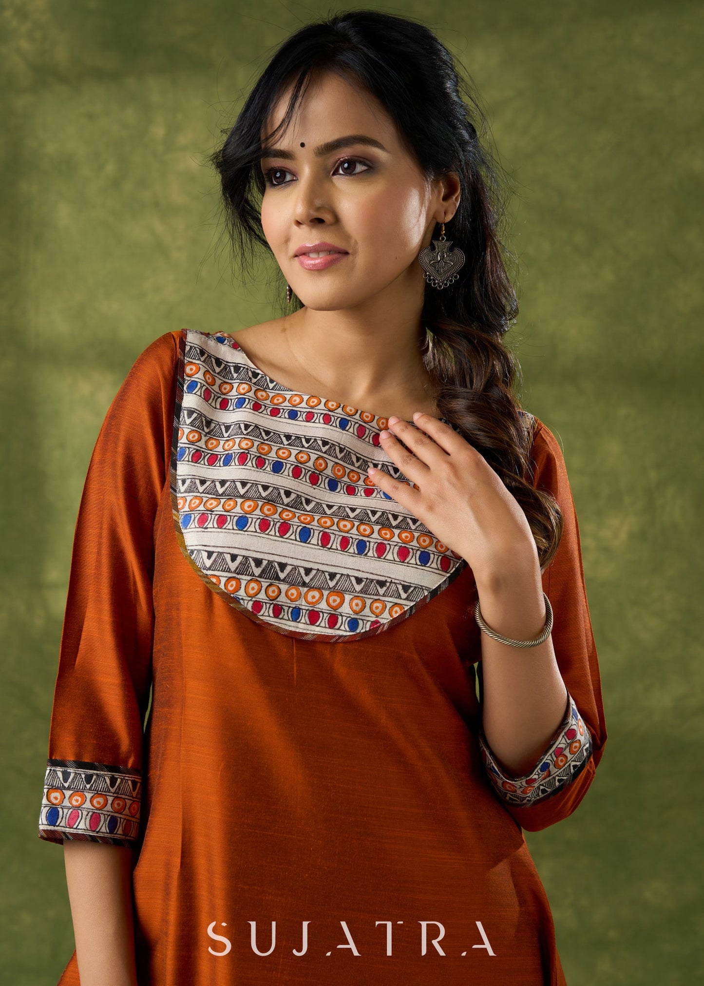 Exclusive Rust Kurta With Hand Painted Madhubani Yoke - Pant Optional