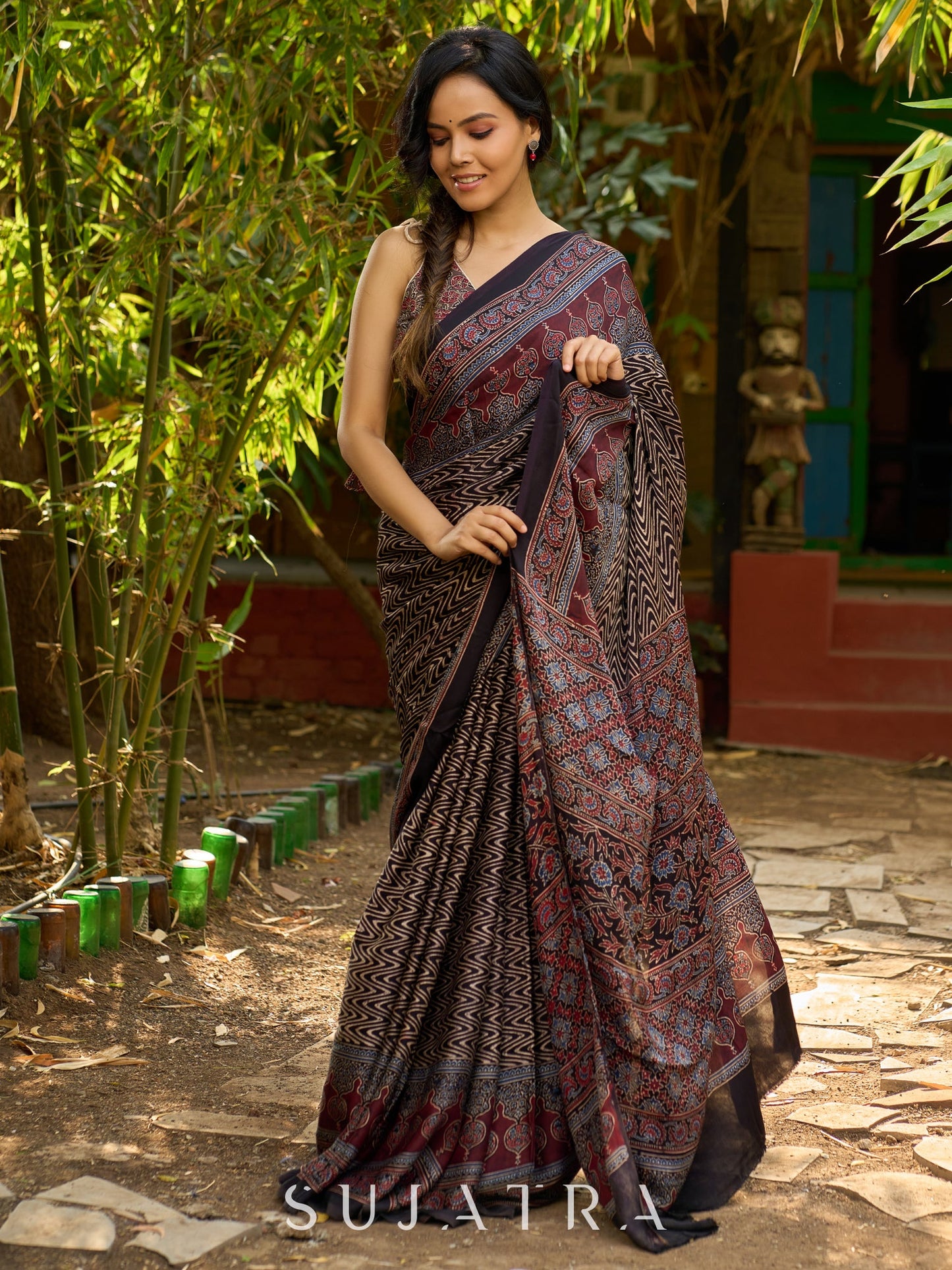 Black Hand Block Printed Ajrakh Modal Saree with Zigzag Pattern and Ornate Border
