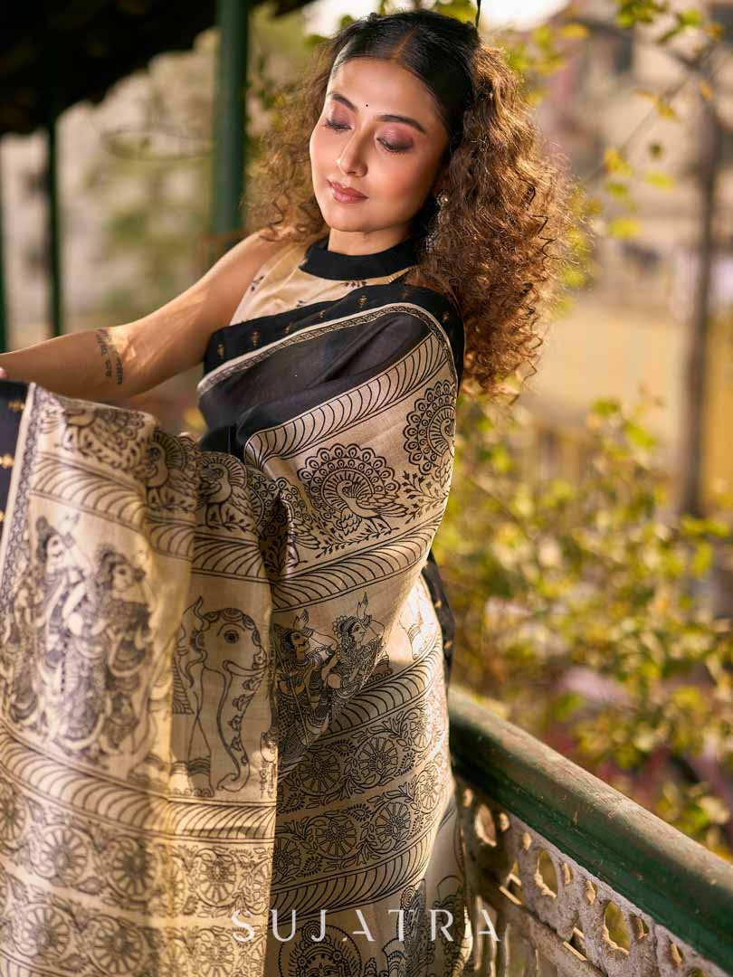 Traditional Black Art Silk Kalamkari Printed Saree with Detailed Pallu